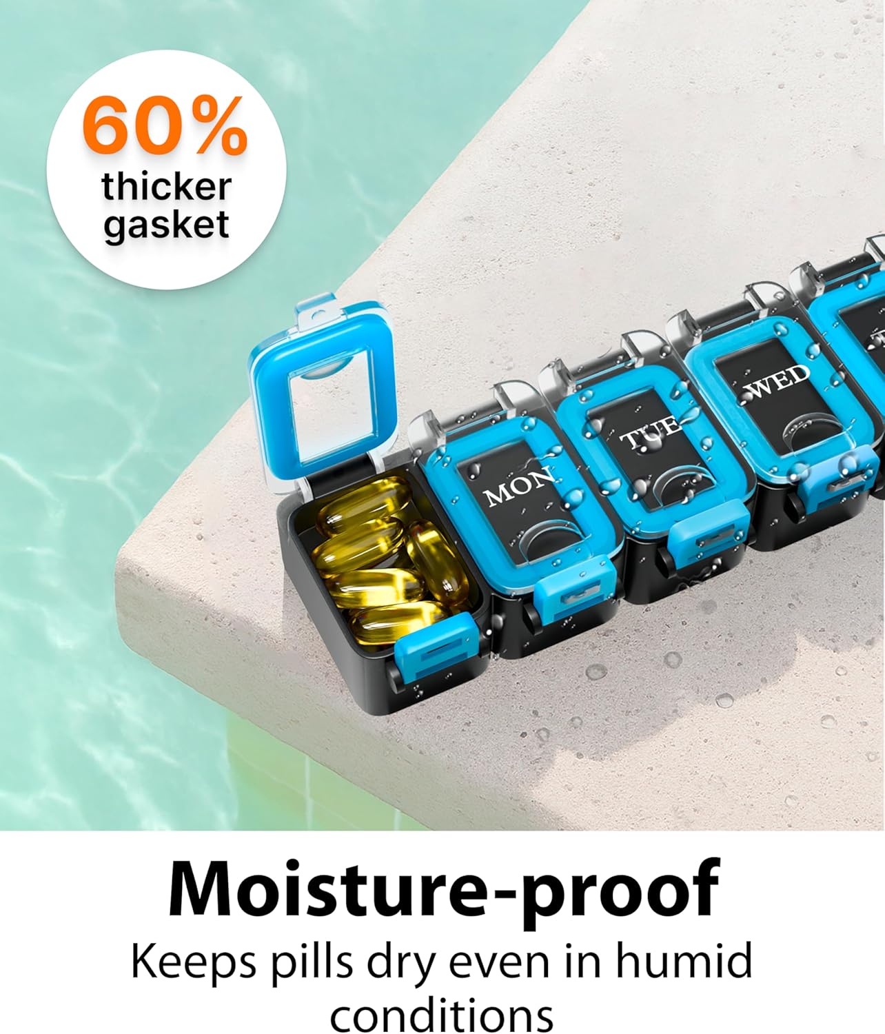 Weekly Pill Organizer 1 time a Day – Pill Box 7 Day with Enhanced Waterproof Seal, Large compartments Hold Big Vitamins & Supplements, Upgraded Locking lids, for Home & Travel use, Durable Hard case