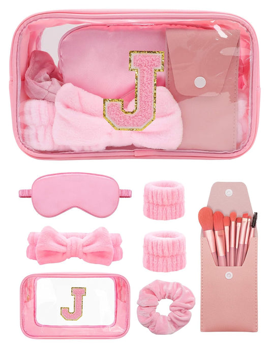 Gift Sets for Women, Initial Makeup Bag with Makeup Brush Set Bachelorette Party Favors, Pink Spa Kit with Skincare Headbands Wrist Bands Sleepover Party Supplies Gifts for Teen Girls Bridesmaid J