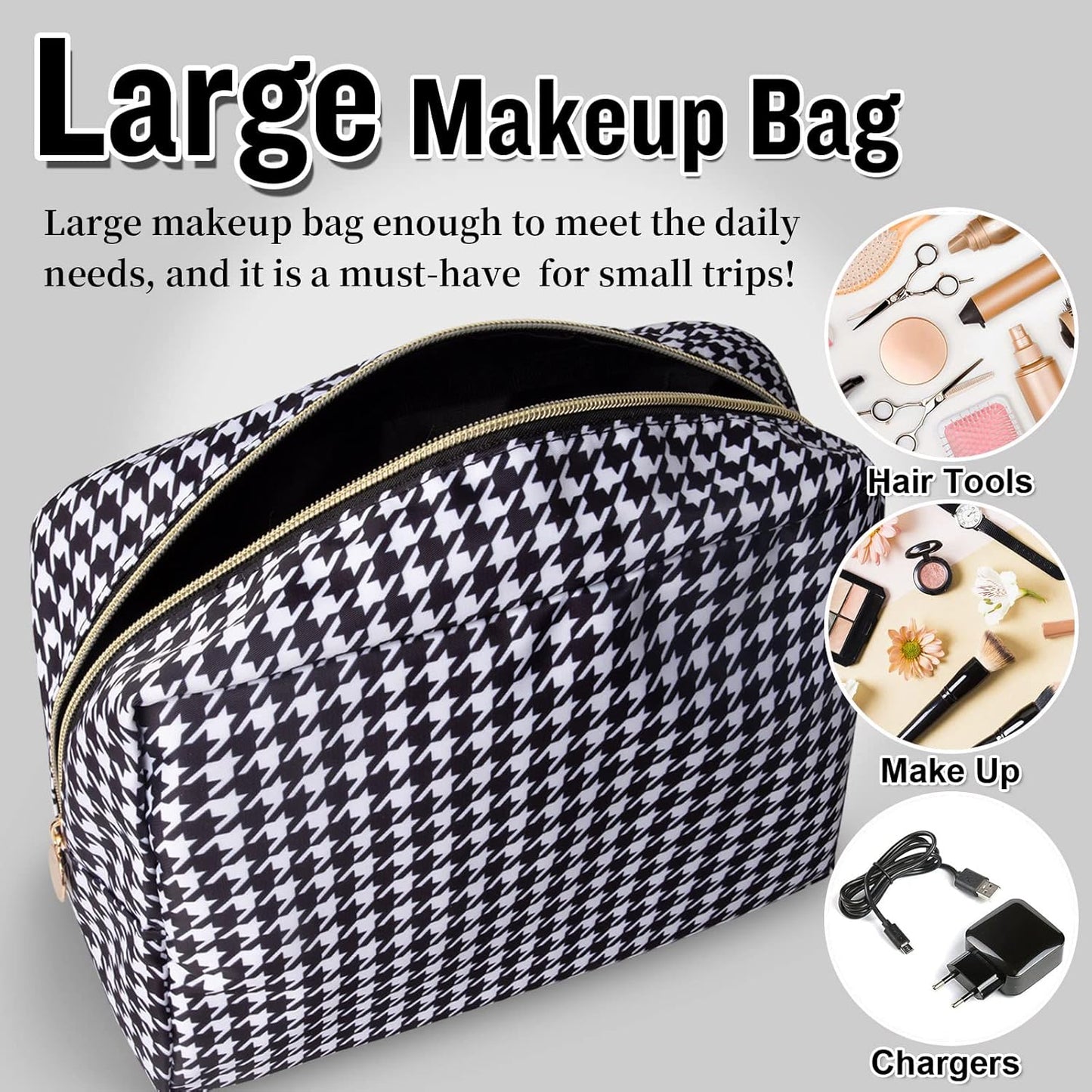 Nylon Large Makeup Bag Black Houndstooth Travel Pouch for Women, Big Preppy Makeup Bag Cute Cosmetic Zipper Pouch Purse, Waterproof Toiletry Bag Clutch Makeup Organizer for Girls(Black Houndstooth)