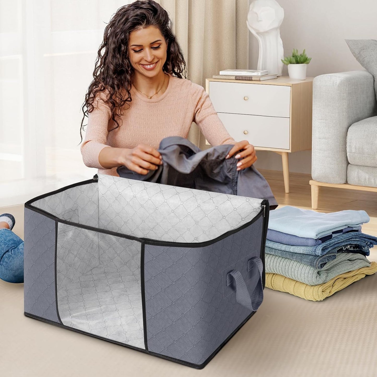 Fab totes 8 Pack Clothes Storage, Foldable Thick Fabric Blanket Storage Bags, Containers for Organizing Bedroom, Closet, Clothing, Comforter,Closet Organization with Handle,Grey