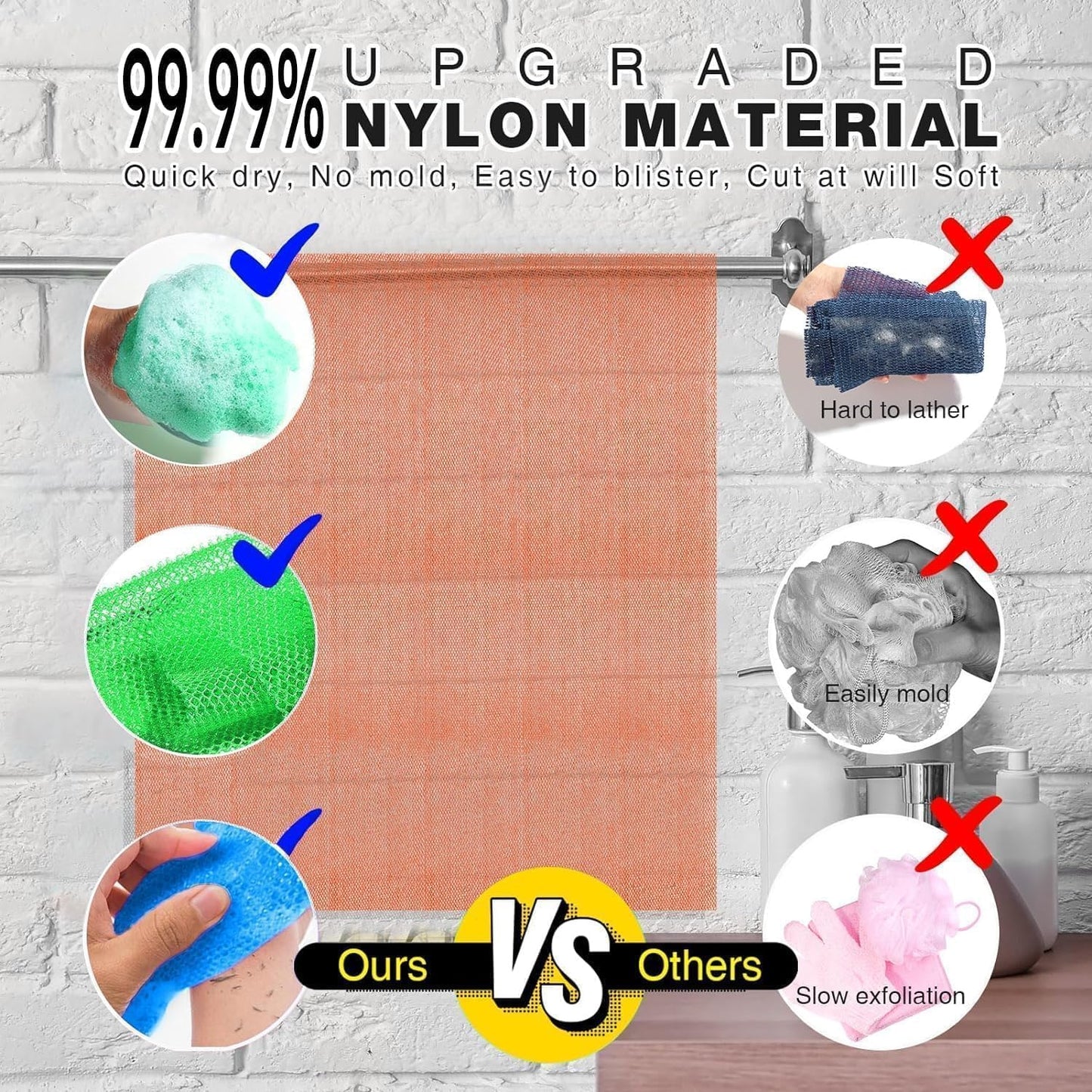 UJFQBH 3 Pieces African exfoliating net African Net Long Net Bath Sponge Exfoliating Shower Body Scrubber Back Scrubber Skin Smoother,Great for Daily Use (Yellow, Green, Blue)