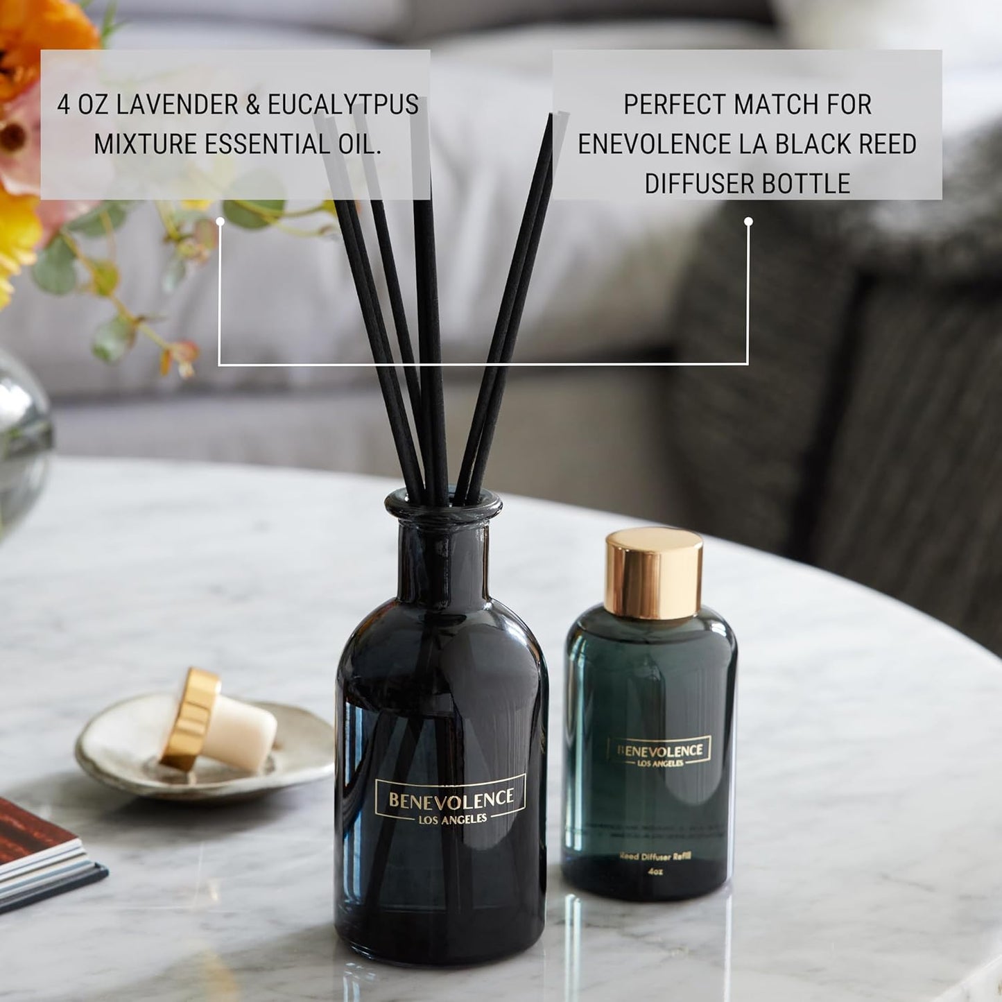 Benevolence LA Lavender & Eucalyptus Reed Diffuser Oil Refill | Long Lasting Home Fragrance for Bathroom and Bedroom | Essential Oils for Relaxation - 4 oz