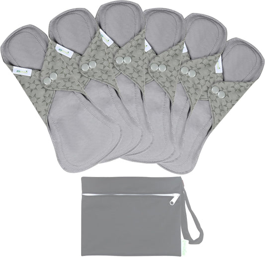 wegreeco 6 Pcs Reusable Menstrual Pads, Ultra Absorbent Cloth Pads for Heavy Flow, Sanitary for Teens,Women, Nonslip, Grey Inner, Grey Outer, Large