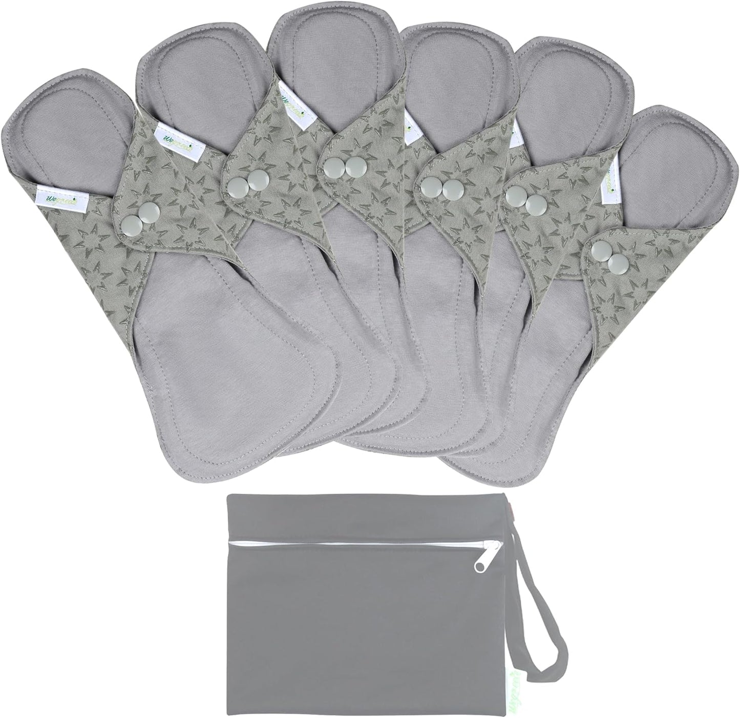 wegreeco 6 Pcs Reusable Menstrual Pads, Ultra Absorbent Cloth Pads for Heavy Flow, Sanitary for Teens, Women, Nonslip, Grey Inner, Grey Outer, X-Large
