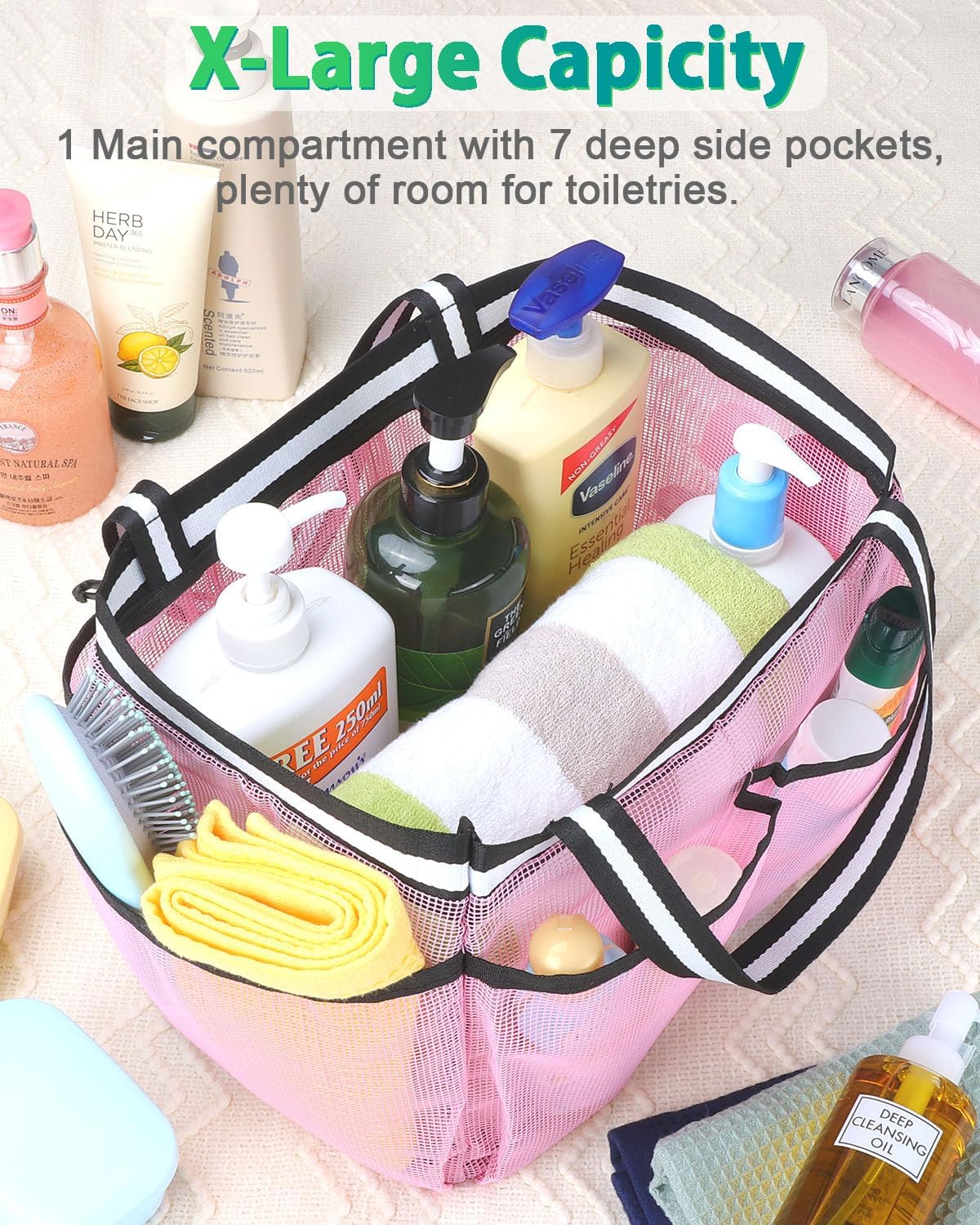 XL Mesh Shower Caddy Portable Shower Bag for College Dorm Camping Travel Gym(Pink)