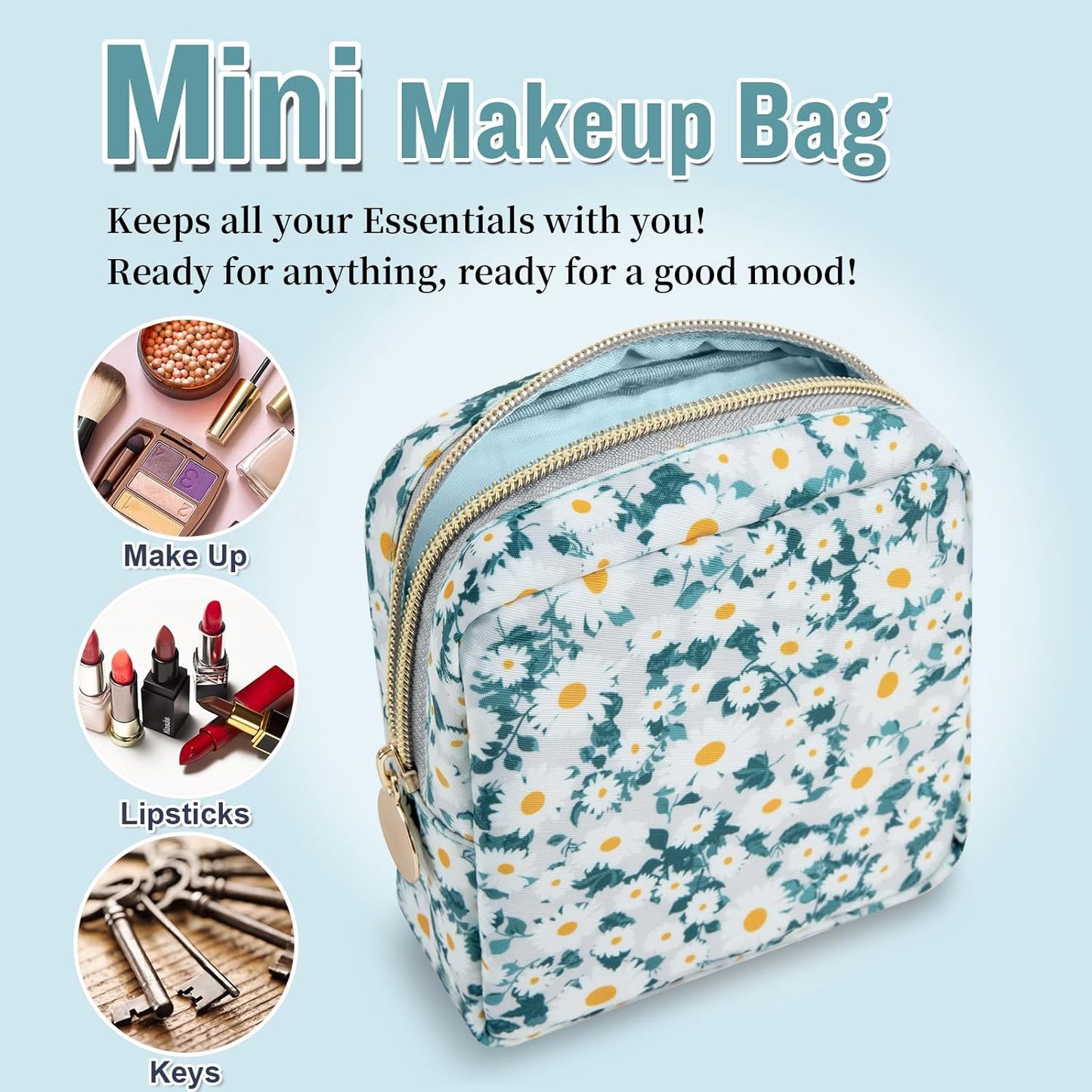 Nylon Mini Floral Makeup Bag for Purse, Small Cute Travel Makeup Bag Preppy Flower Cosmetic Zipper Pouch, Waterproof Coin Pouch Sanitary Napkin Storage Bag Make Up Organizer Set for Women(Green-Daisy)