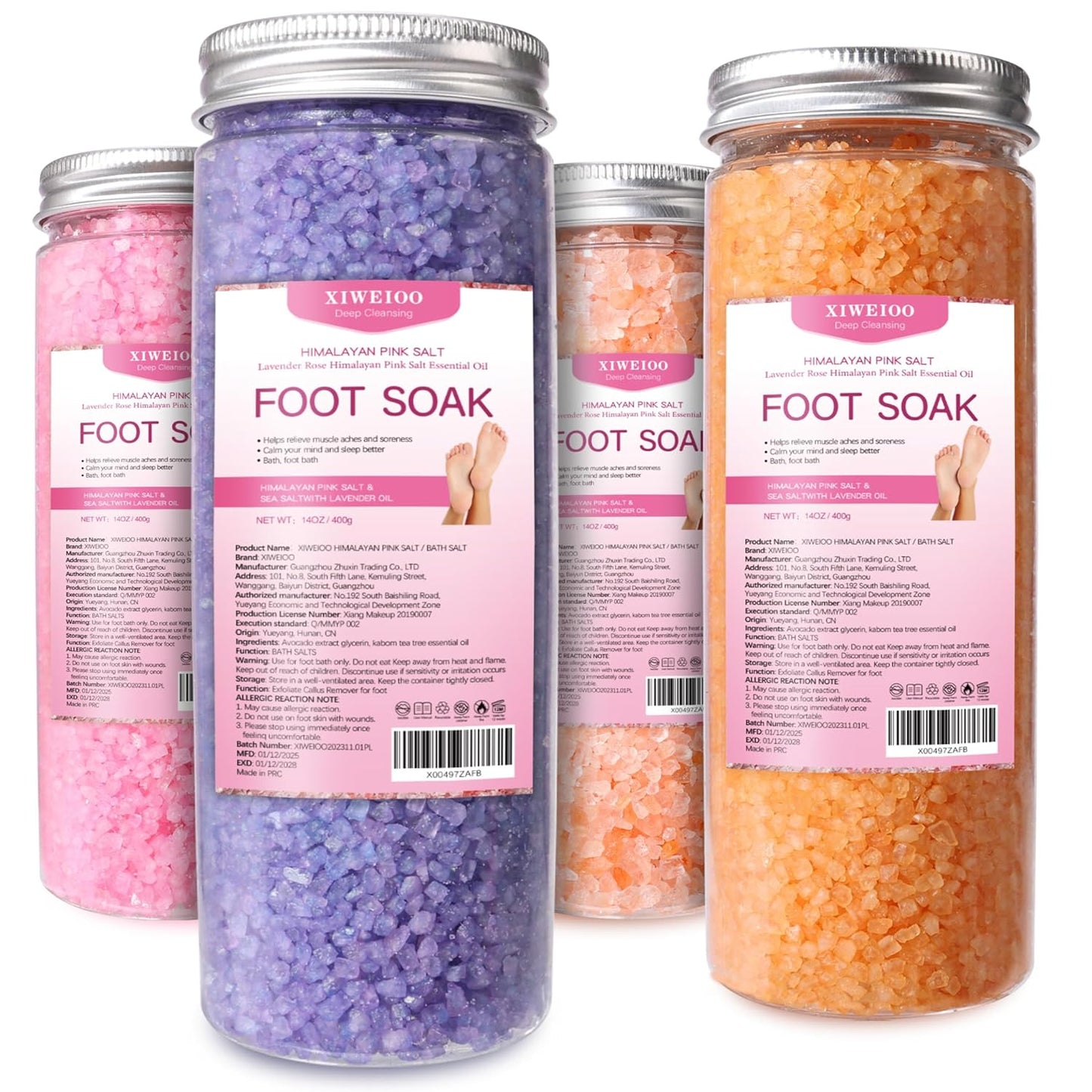 Foot Soak Salts 4 Pack Kit 56 OZ Himalayan Pink Salt Lavender Orange Rose Scent Athletes Itching,Tea Tree Oil Foot Care Pedicure for Women Dead Sea Salt Moisturizing Skin Softens Calluses