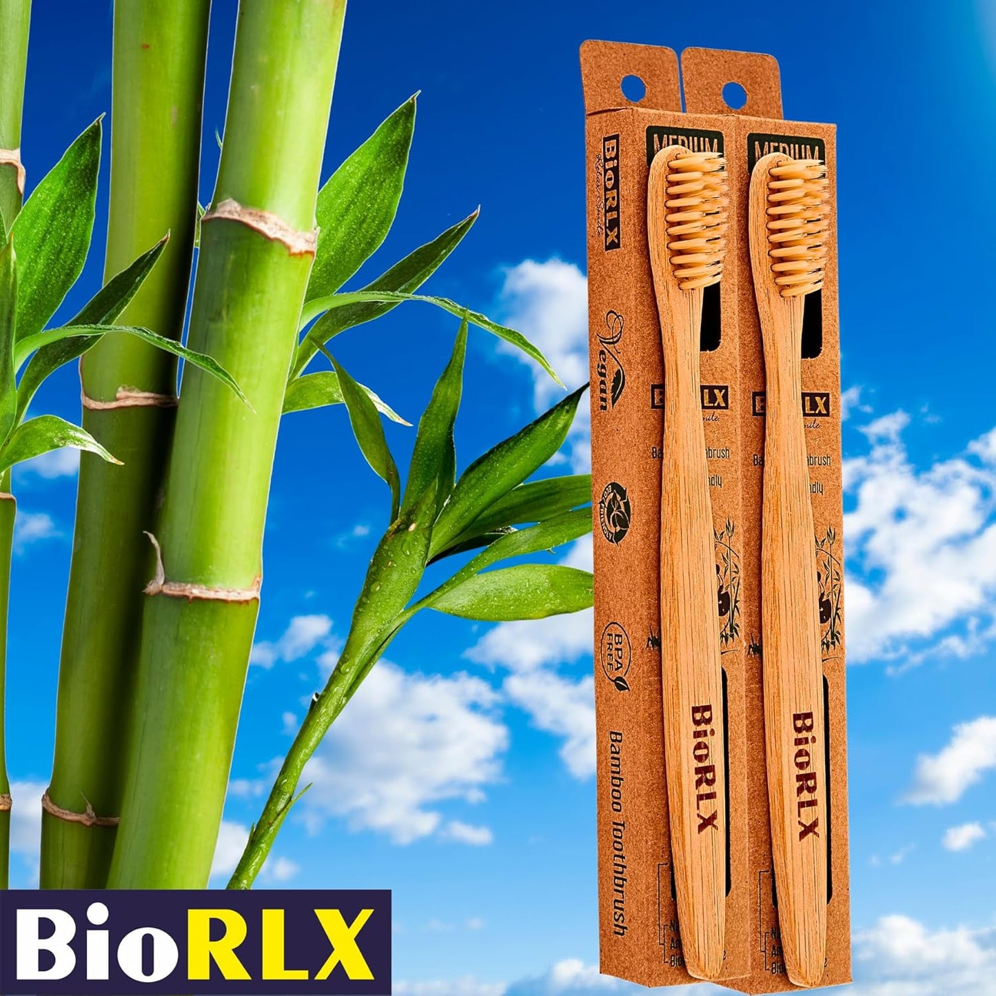 BioRLX Bamboo Toothbrush - Biodegradable Wooden Toothbrushes, Natural BPA Free - Wooden Toothbrush, Eco-Friendly - Compostable and Durable (Twelve Pieces, Medium)