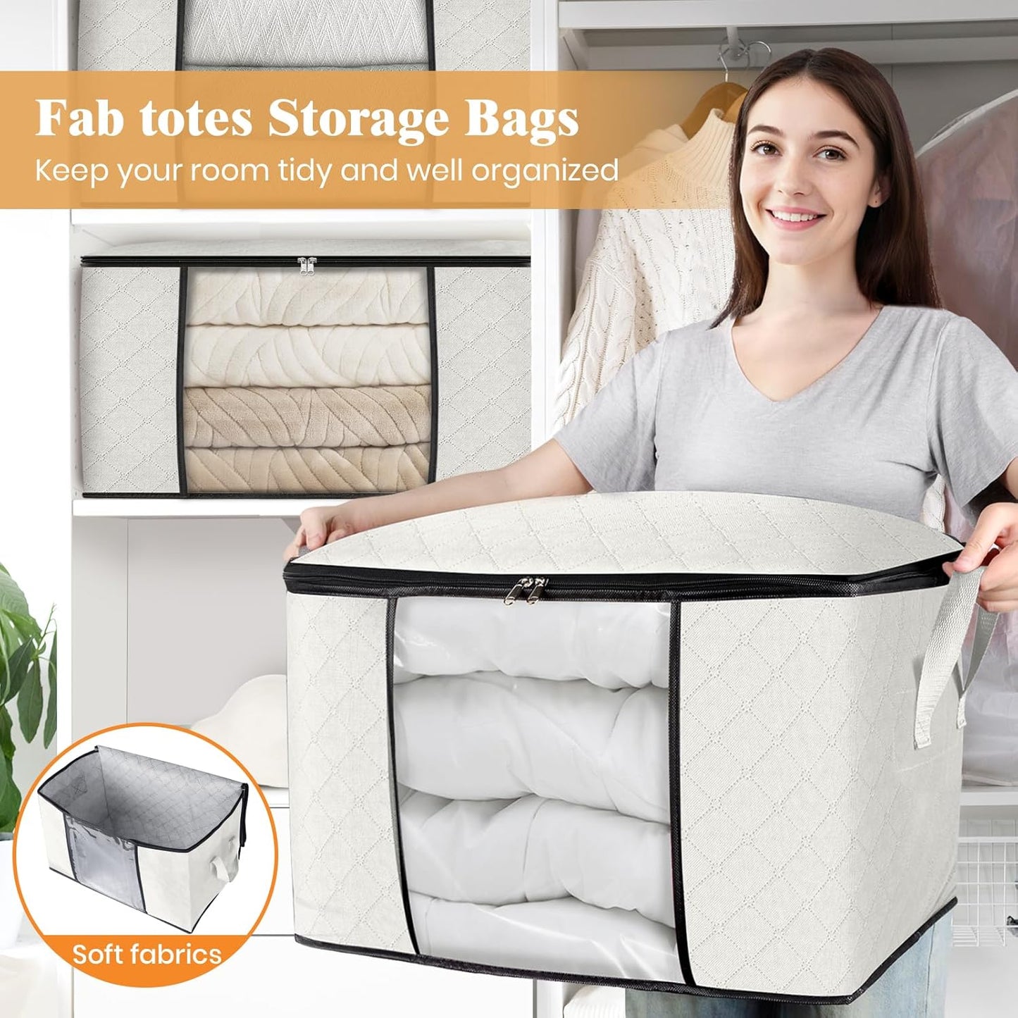 Fab totes 24 Gallons Clothes Storage, Foldable Thick Fabric Blanket Storage Bags, Containers for Organizing Bedroom, Closet, Clothing, Comforter, Organization with Handle (8 Pack,Ivory)