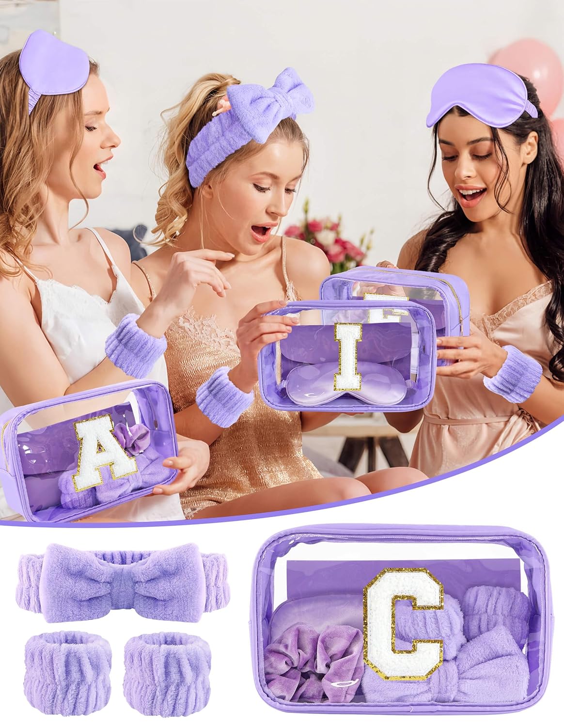 Gift Sets for Women, Initial Makeup Bag with Makeup Brush Set Bachelorette Party Favors, Purple Spa Kit with Skincare Headbands Wrist Bands Sleepover Party Supplies Gifts for Teen Girls Bridesmaid C