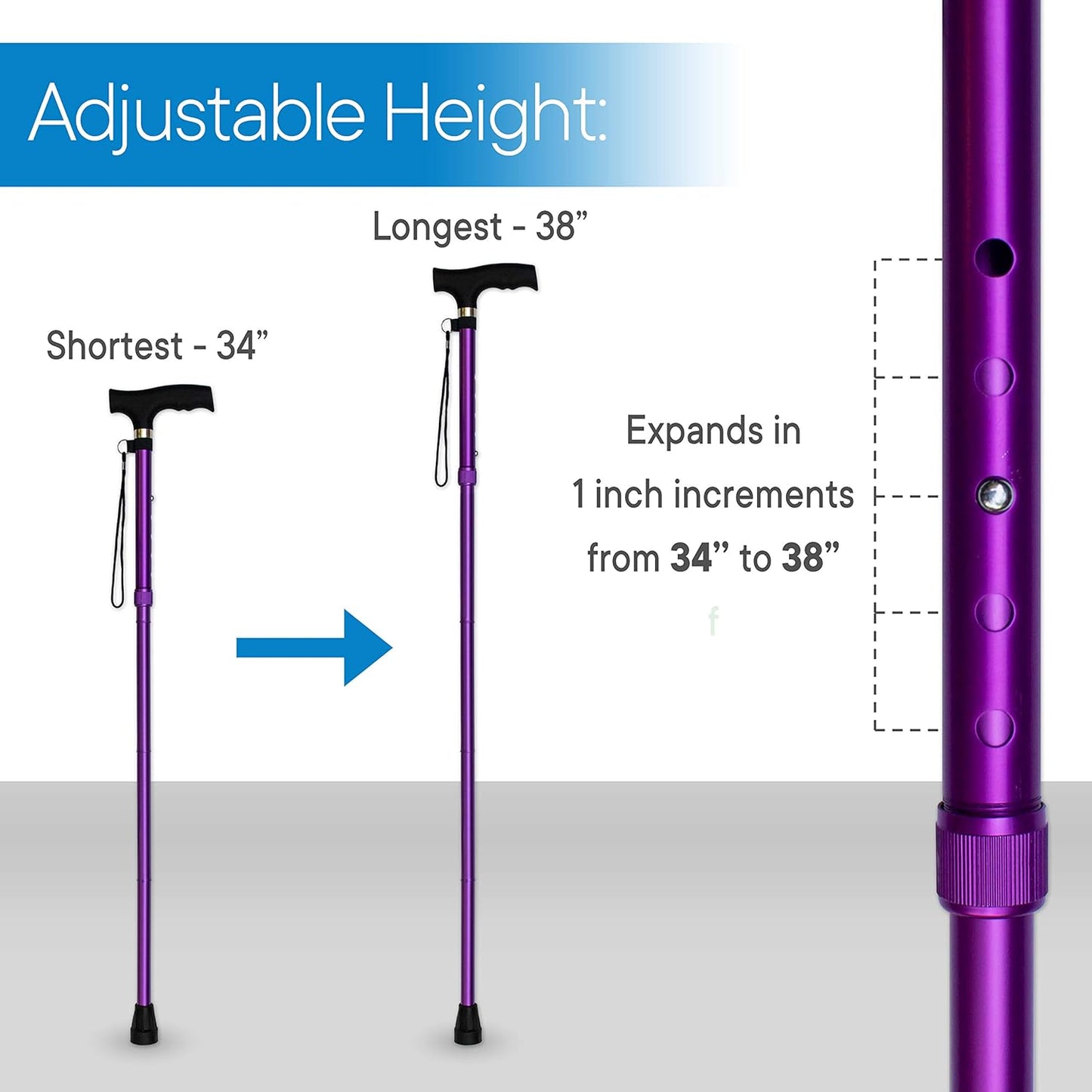 RMS Folding Cane - Foldable Walking Cane with Adjustable Height - Collapsible and Lightweight - Soft Ergonomic Handle for Comfortable Grip - Portable Walking Stick for Mobility Aid
