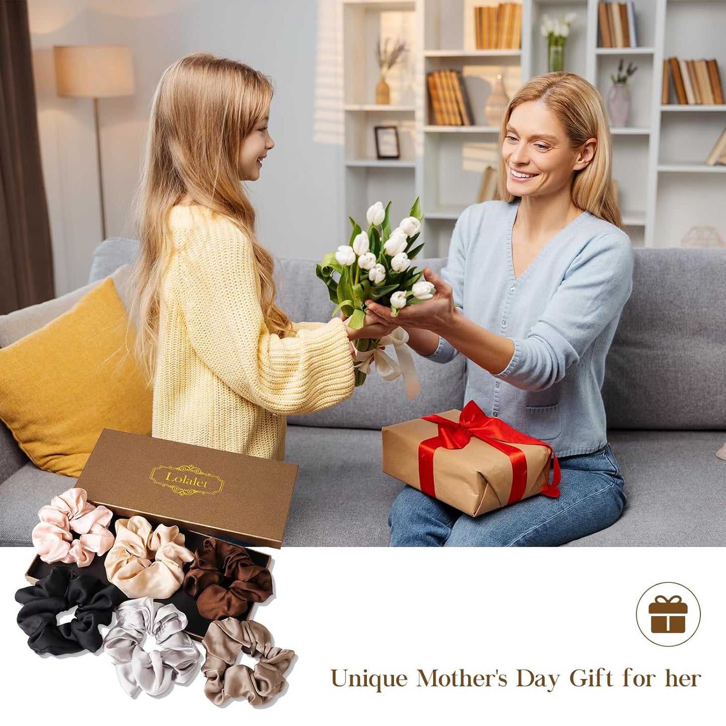 Lolalet Scrunchies for Women, Satin Hair Softer Than Silk Ties Sleep, Big Scrunchy Ponytail Holder with Elastic Bands Girls Thick Thin Curly -6 Pack, Style B