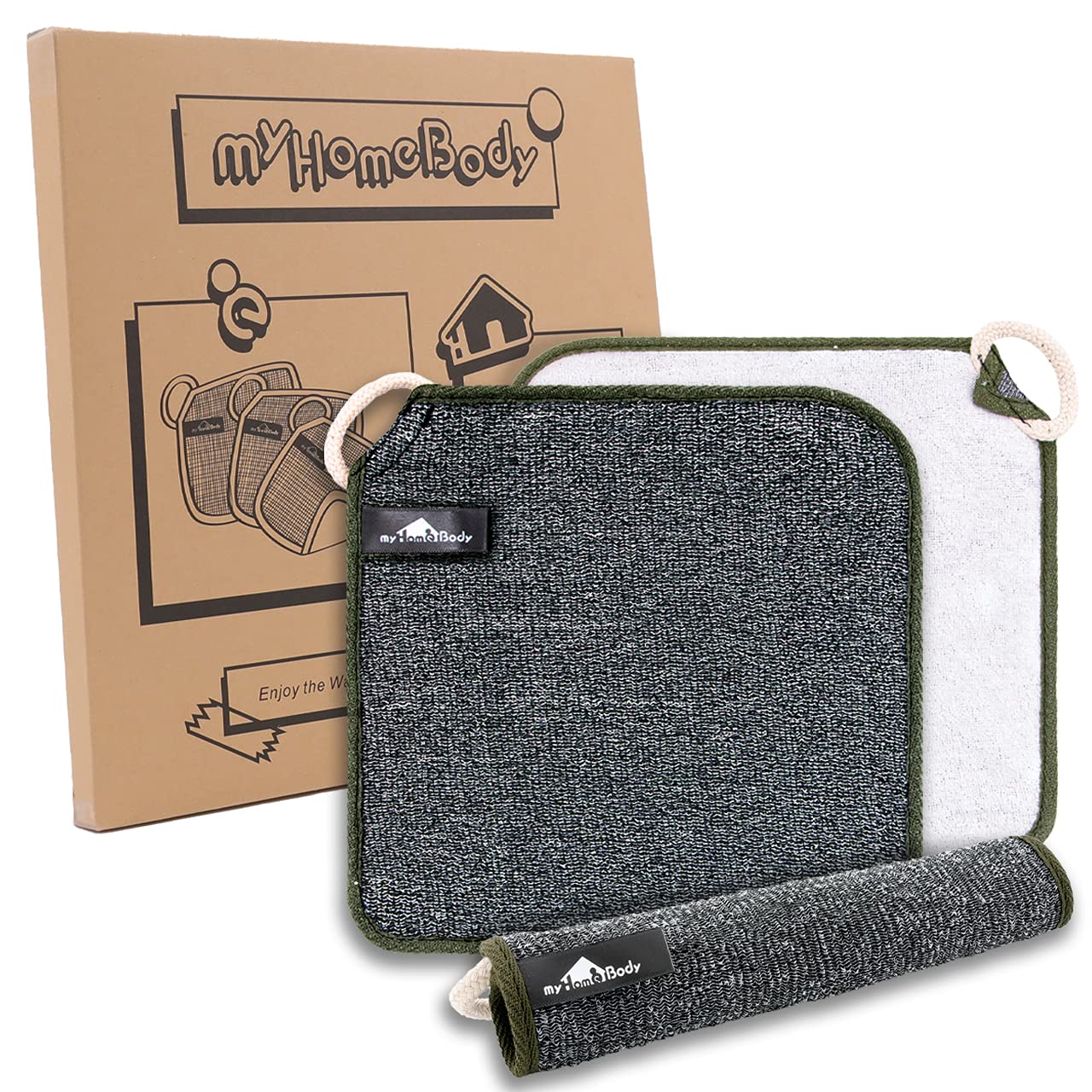 myHomeBody Dual-Textured Exfoliating Washcloth with Soft and Scrubbing Side, Body Exfoliation Scrubber for Bath, Shower, Durable 3 Layer Construction, Gray, Set of 3