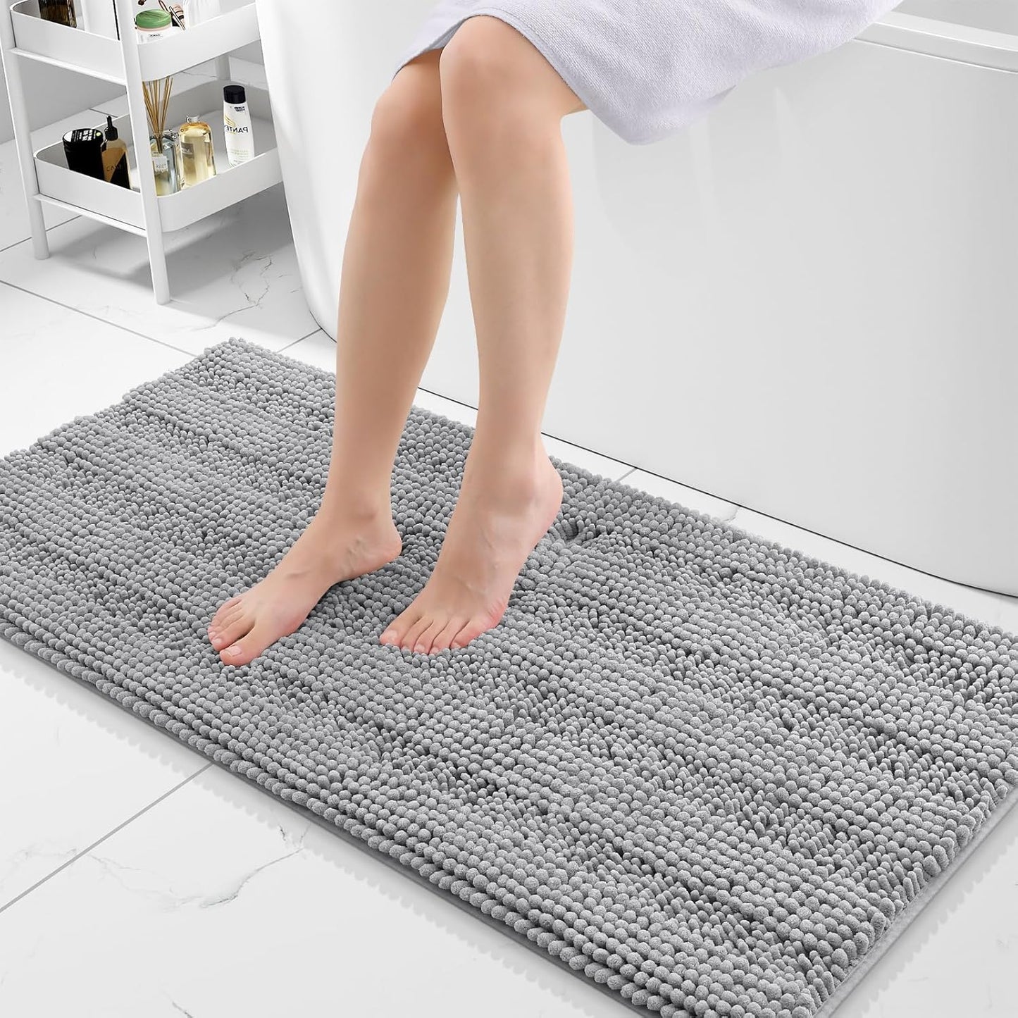 Grandaily Chenille Striped Bathroom Rugs 47x20, Extra Thick and Absorbent Bath Mats, Non-Slip Soft Plush Shaggy Shower Carpet, Machine Wash Dry, Bath Rug for Bathroom, Light Grey