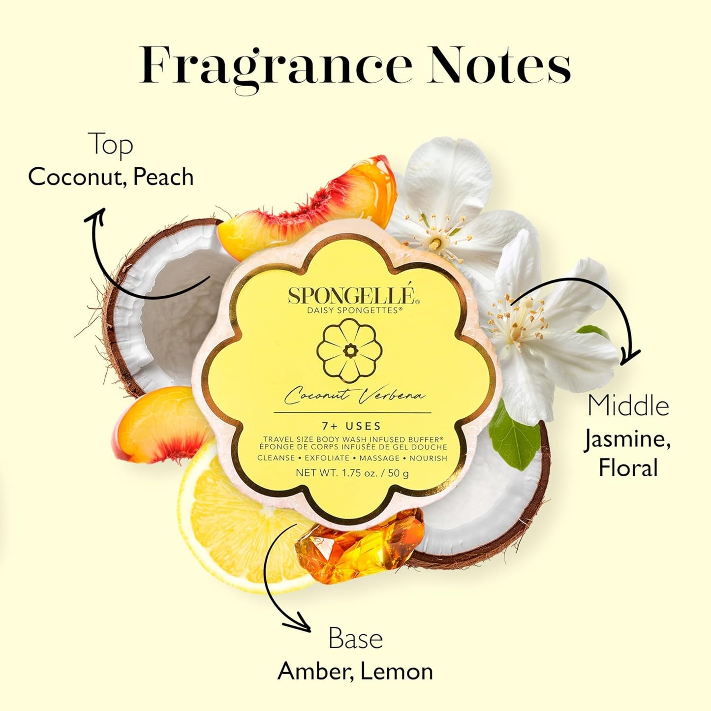 Spongelle Coconut Verbena Spongette Loofah Body Scrubber | Bath & Shower Loofah for Women | Body Scrubber Exfoliator with Body Wash Infused Sponge | 5+ uses | Creamy Coconut, Verbena & Lime