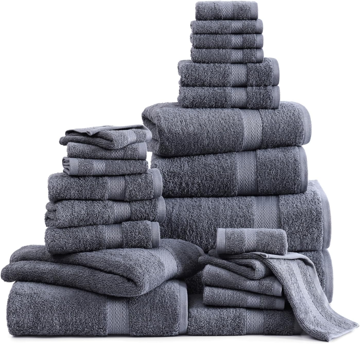 24 Pc 100% Cotton Bath Towels For Bathroom Set, Quick Dry, Machine Wash Soft & Absorbent, Oeko Tex Cert, Daily Use, Guest or Spa-2 Bath Sheets 4 Bath Towels 6 Hand, 4 Fingertip 8 Washcloths–Cool Grey