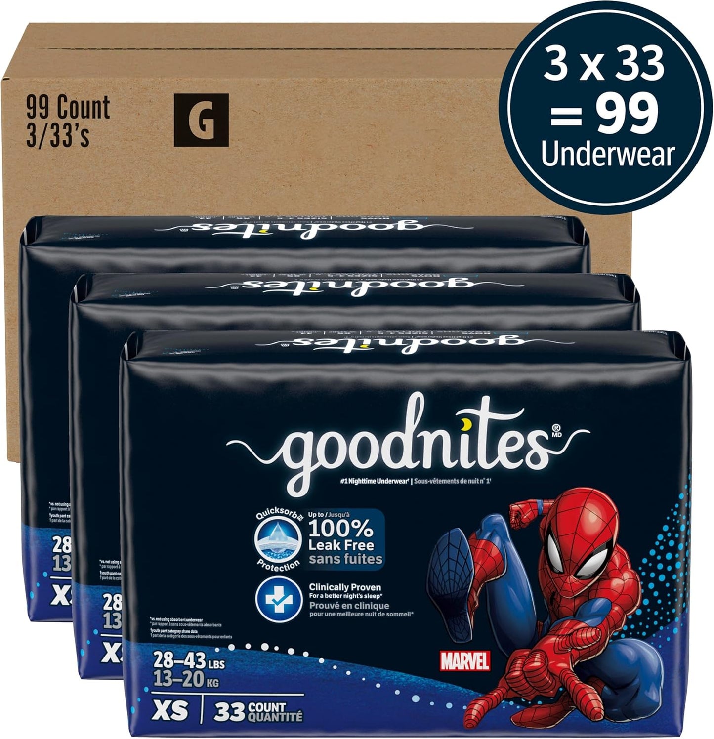 Goodnites Nighttime Bedwetting Underwear, Boys' XS (28-43 lb.), 99 Ct (3 Packs of 33), Packaging May Vary