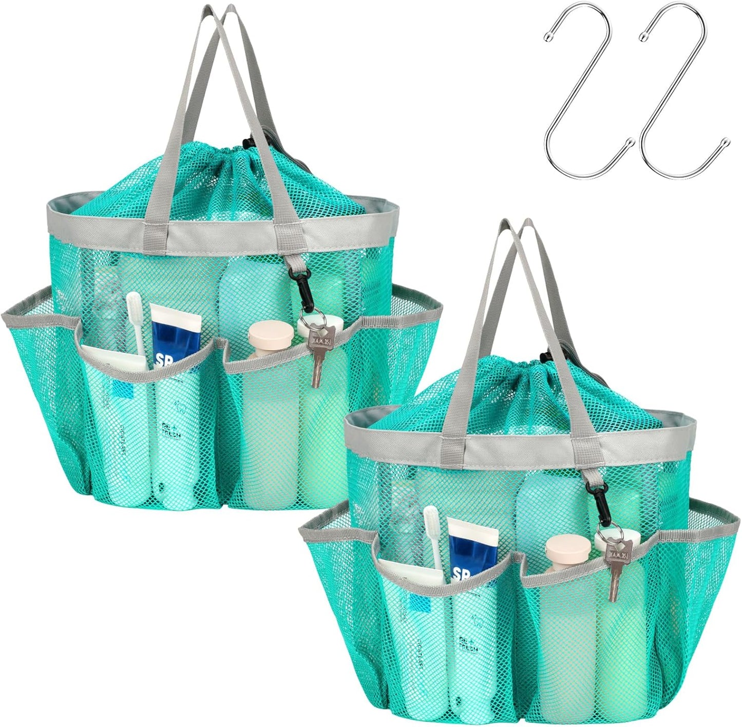 F-color Mesh Shower Caddy Portable with Drawstring - Upgrade Deeper 7 Pockets Dorm Room Essentials for Guys Girls with S Hook, Shower Bag Basket Tote for College Camping Bathroom, 2 Pack Mint Green