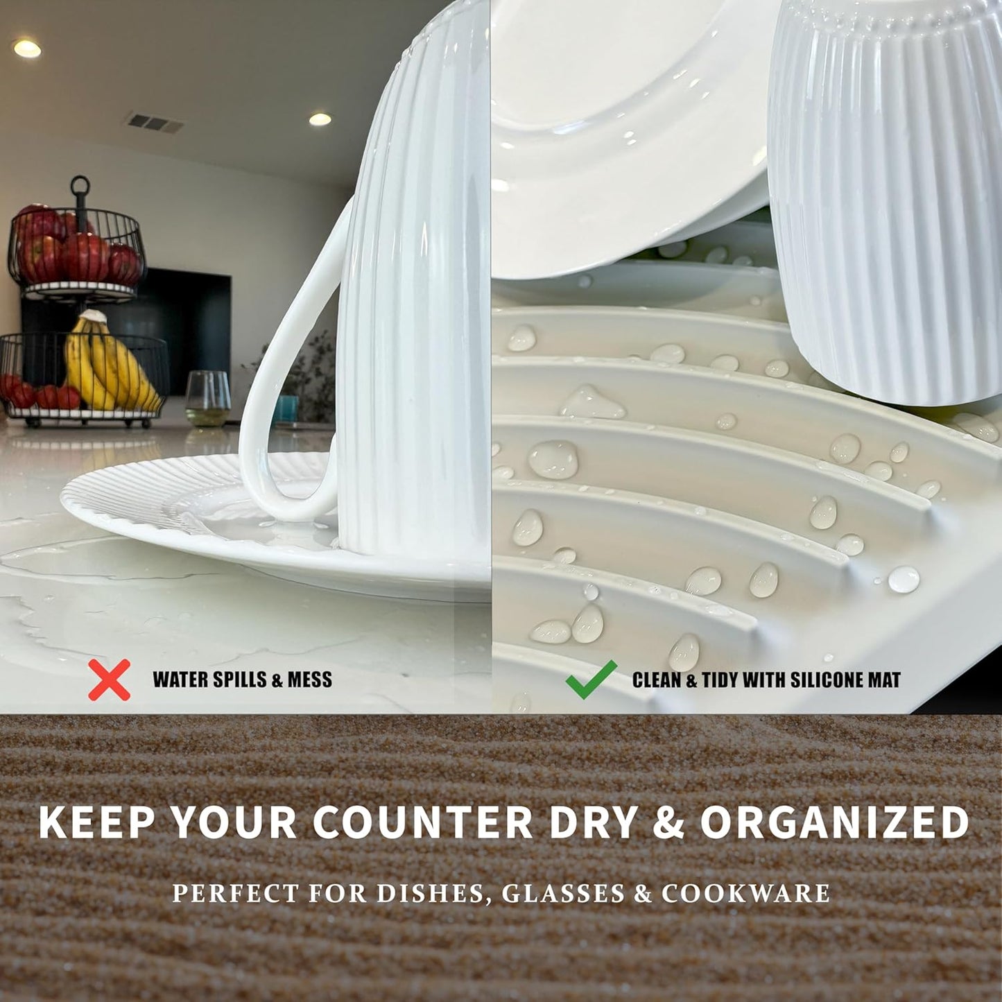 Silicone Dish Drying Mat with Drain, Self-Draining, Heat Resistant & Non-Slip Kitchen Counter Mat, Easy to Clean, Reusable, 19.3'' x 13'', Greige