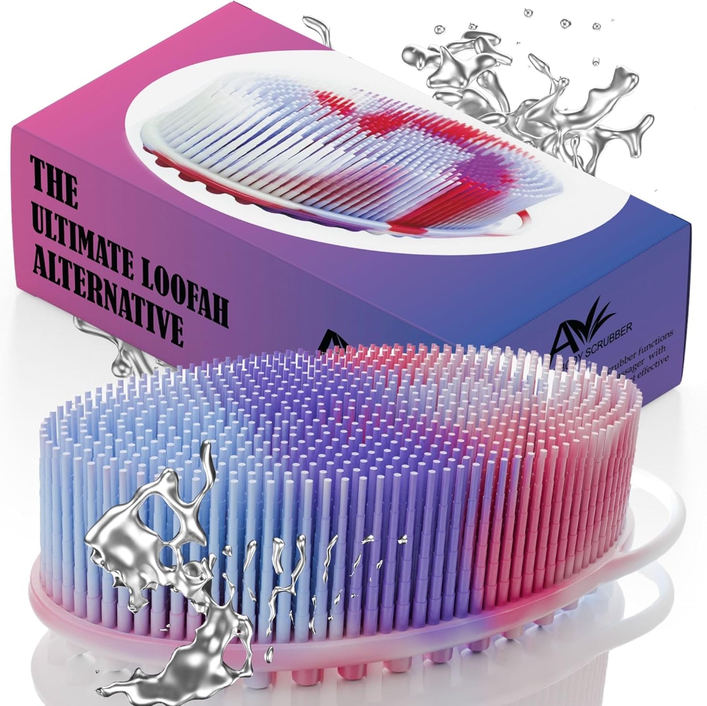 Avilana Silicone Body Scrubber - Food Grade & Lab Tested, Gentle Exfoliating Shower Brush for All Skin Types, Hygienic Quick-Dry Loofah Alternative (Marbled, Massage-Silver)