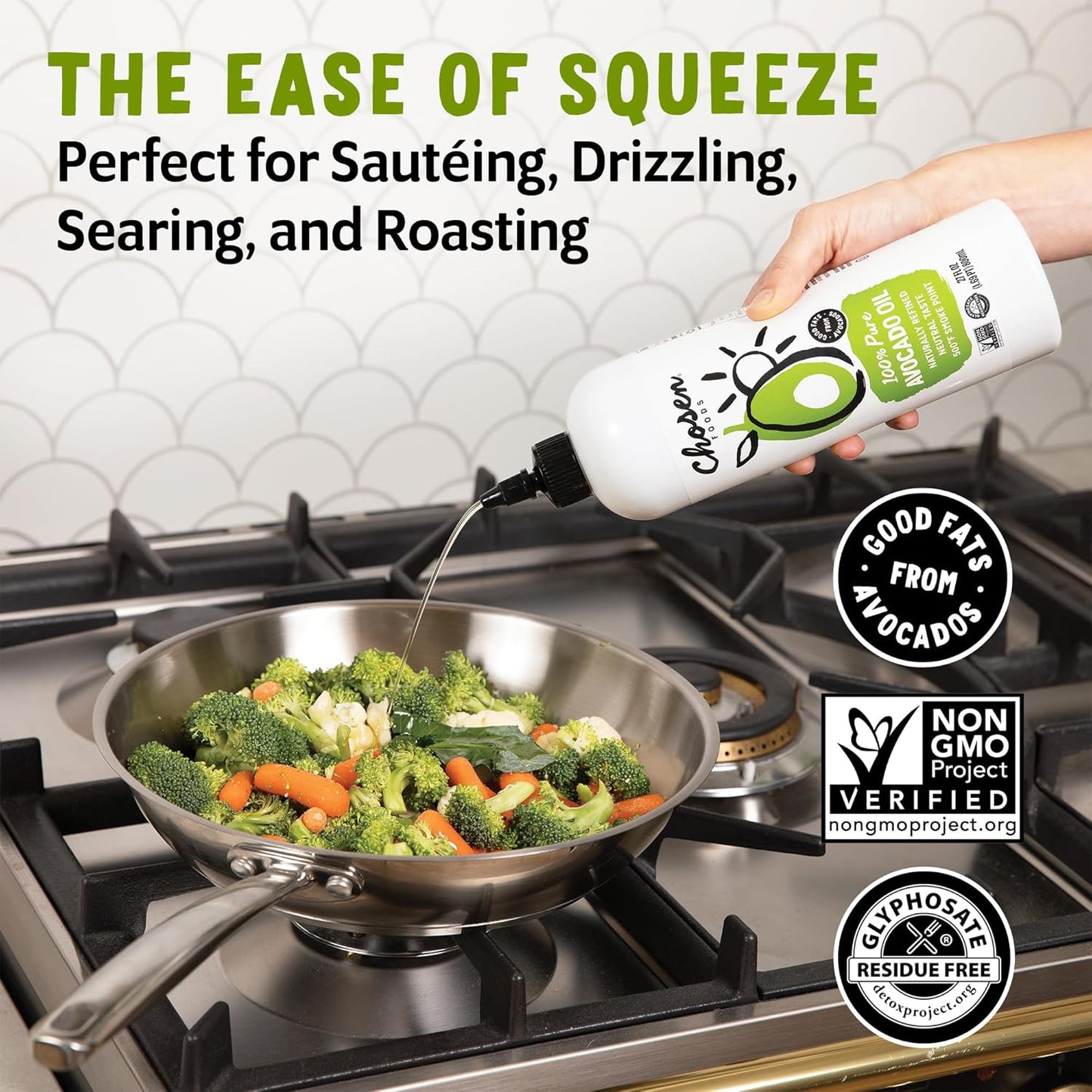 Chosen Foods 100% Pure Avocado Oil Squeeze Bottle - 27 Fl Oz - For Drizzling, Sautéing, Roasting, Searing, & Baking - High Smoke Point Cooking Oil - Kosher, Keto Friendly - With Recipe eBook