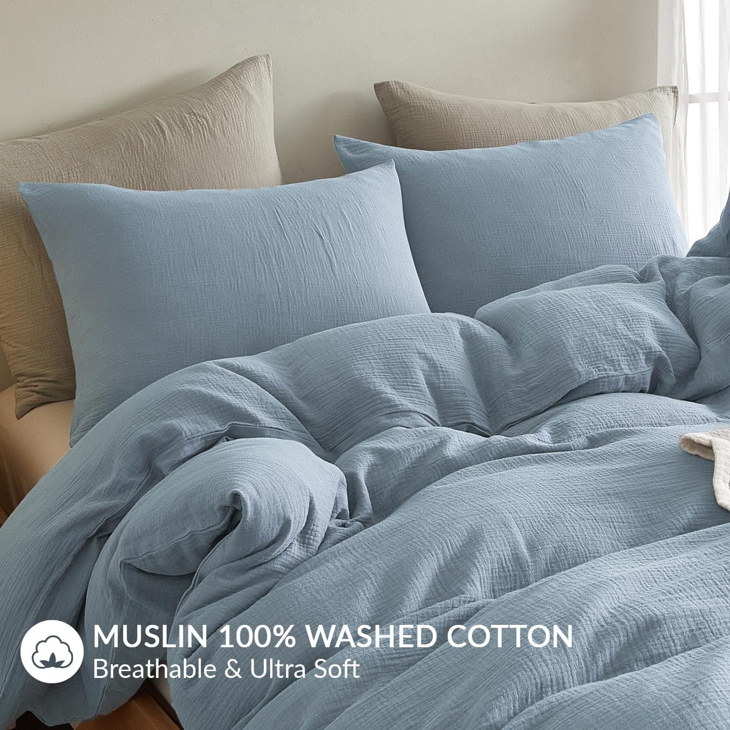 SE SOFTEXLY Muslin Pillowcases Standard Size 100% Cotton, 2 Pack Linen Like Pillow Shams with Envelope Closure, Ultral Soft and Breathable Pillow Case Covers, Blue, 20" X 26", No Filling