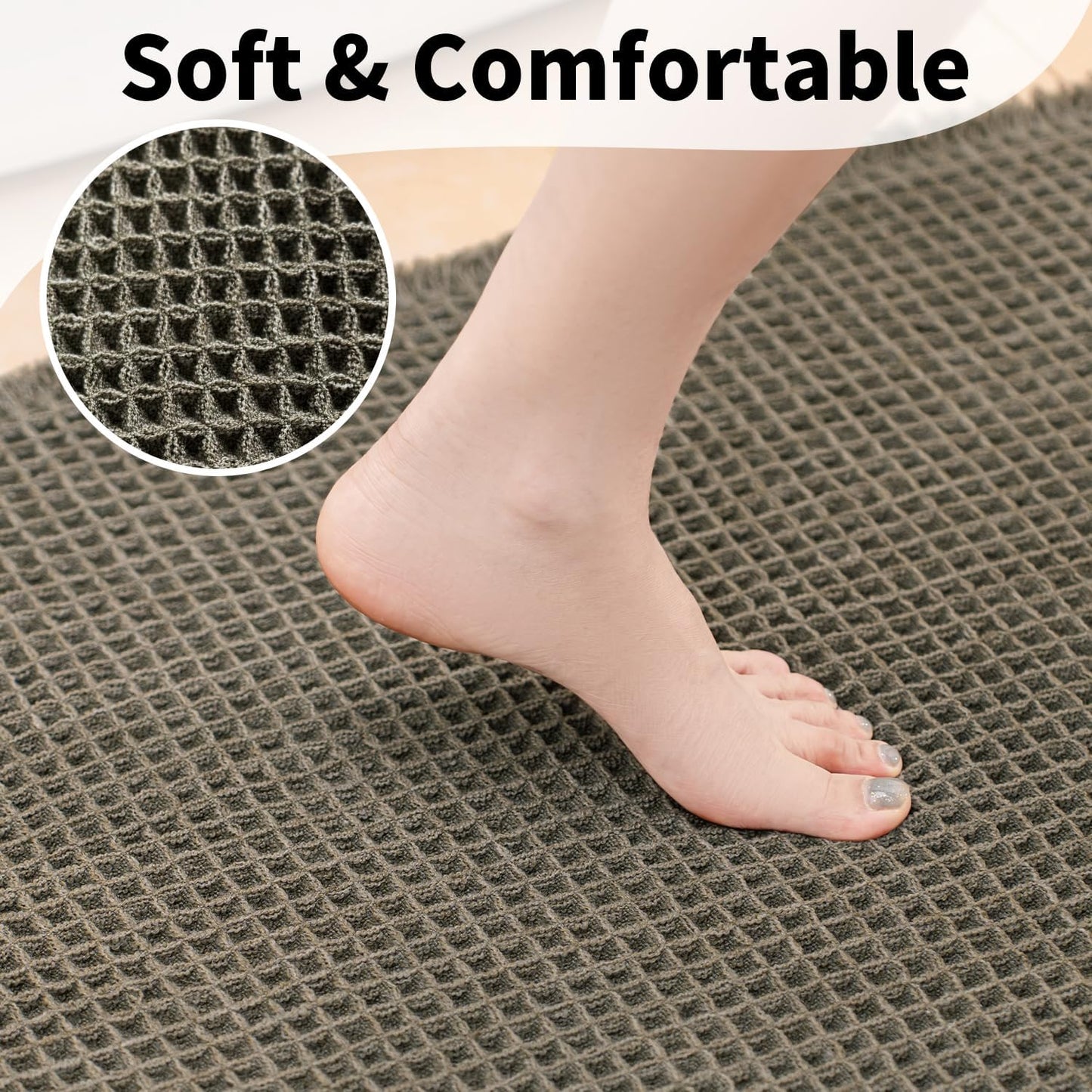 Waffle Bath Mat - Boho Bathroom Rugs Non Slip Washable, Super Absorbent & Quick Dry, Soft Bath Mat Farmhouse Bathroom Decor, 20'' x 48'', Olive Green