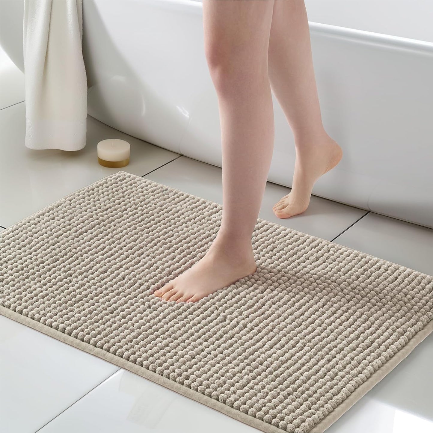 FRESHMINT Thick Chunky Chenille Bath Rugs 24"x36", Non Slip Bath Mat, Soft Bathroom Decor, Cute Shower Mat, Water Absorbent, Washable, Beige