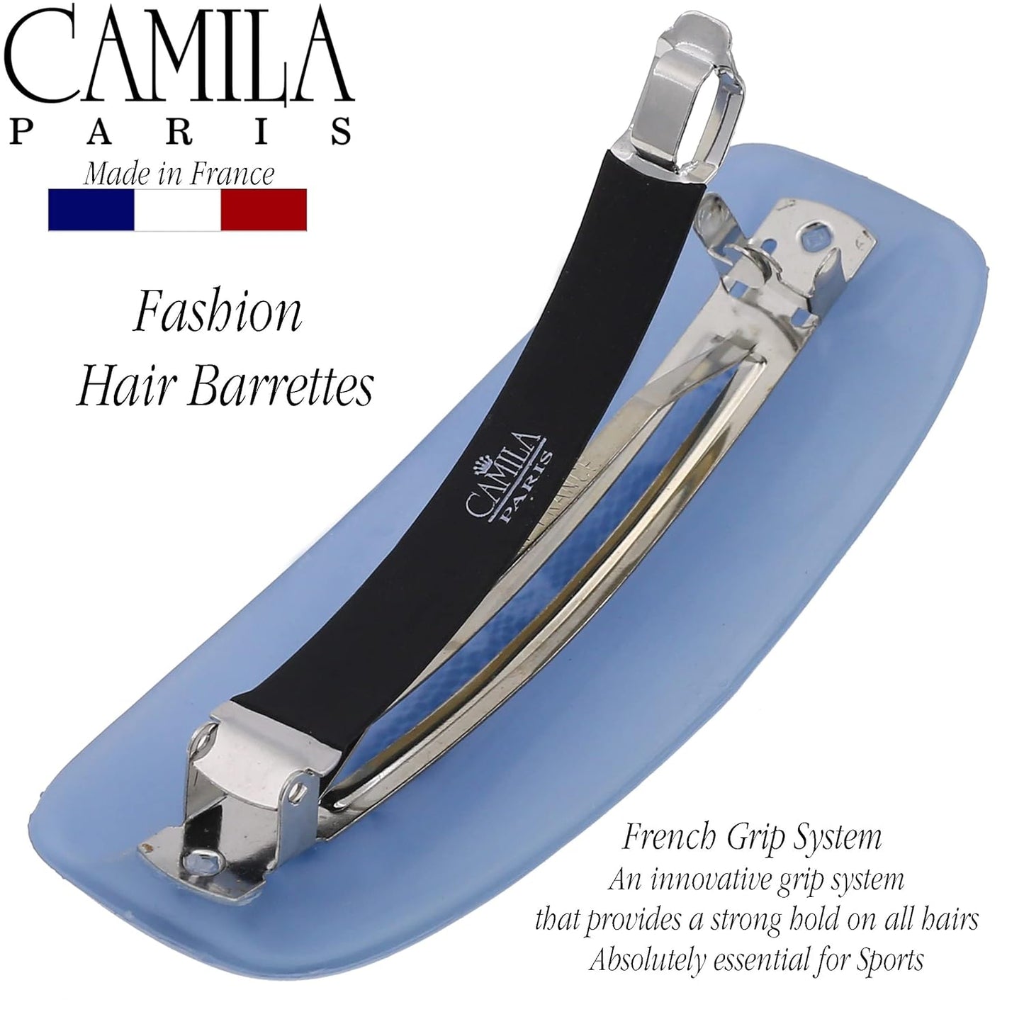 Camila Paris CP3441 French Hair Barrette Clip for Girls, Blue, Rubberized Automatic Clasp Strong Hold Grip Hair Clips for Women, No Slip and Durable Girls Hair Accessories, Made in France