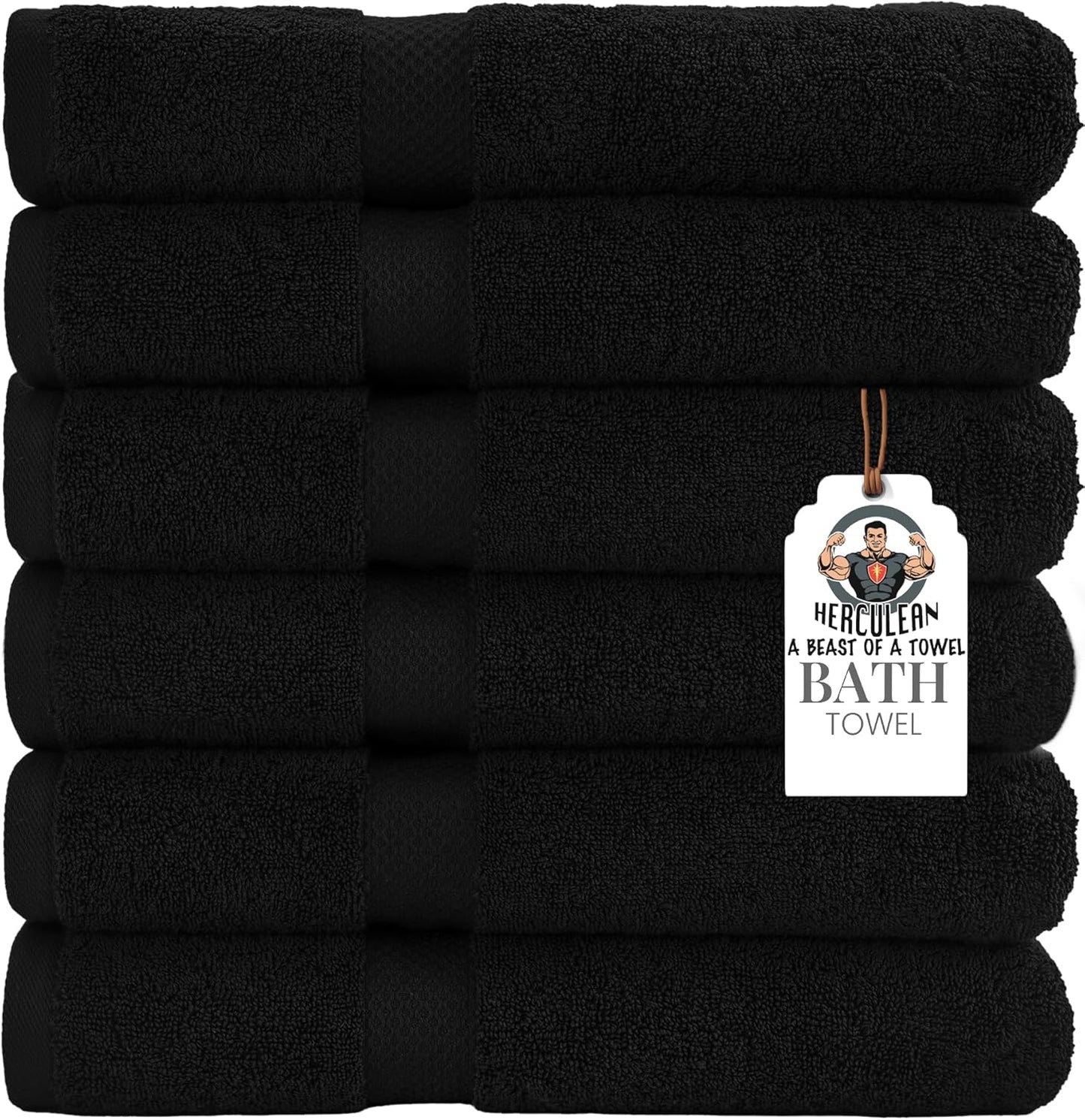 HERCULEAN Premium Bath Towels 24 x 48 Pack of 6 | Quick Dry and Highly Absorbent | 100% Cotton Terry Towels for Bathroom - Perfect for Shower - Pool and Spa - Luxury Soft Towels - Black