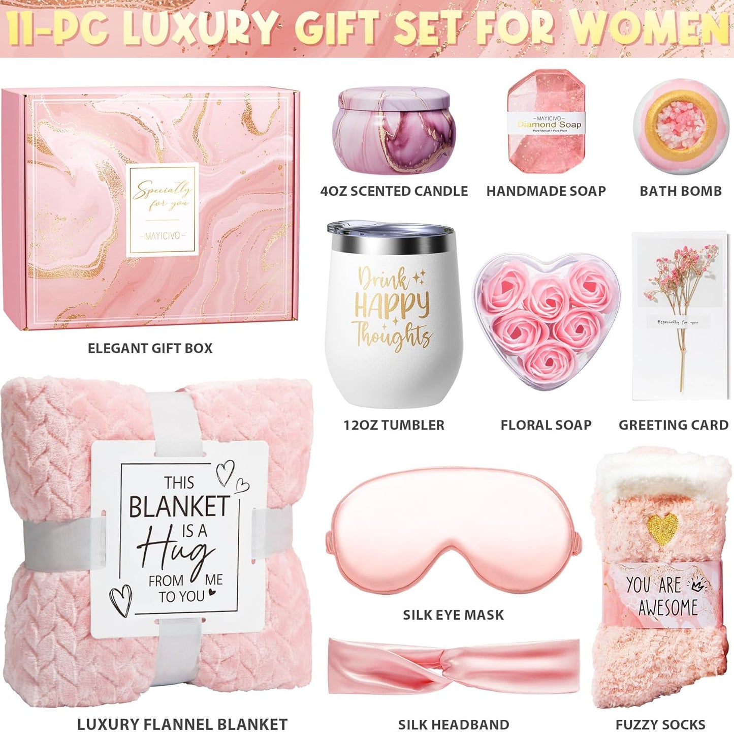 Birthday Gifts for Women Self Care Gifts Get Well Soon Gifts, Rose Relaxing Spa Gifts Basket Care Package w/ Luxury Flannel Blanket, Unique Christmas Gifts for Mom Her Friend Sister Wife Grandma