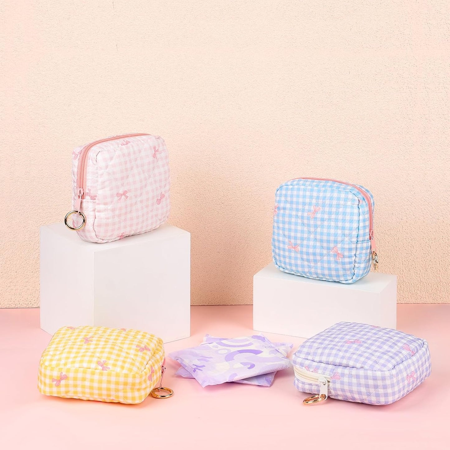 Period Bag for Teen Girls, Quilted Sanitary Napkin Storage Bag, Cute Bow Tie Menstrual Pad Pouch Tampon Holder (Plaid Pink)