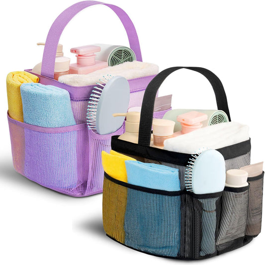 Mesh Shower Caddy for College Dorm Room Essentials for Girls with 9 Pockets,Large-Capacity Shower Basket,Quick Dry Toiletry Tote Bag,Outdoor Gym,Travel,Swim,Beach Camping Essentials-Black and Purple
