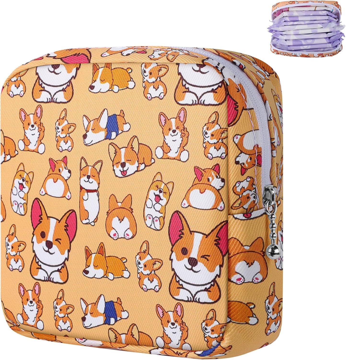Period Bag Pouch, Canvas Sanitary Napkin Storage Bag for Girls Womens, Portable Sanitary Napkin Period Pad Pouch for Purse, Small Make Up Bags(Orange Dog)