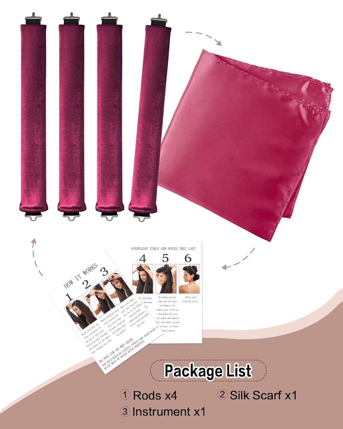 Heatless Curls Overnight Hair Curler - 4 Pcs Curling Rod to Sleep In, Velvet Hair Rollers with Satin Hair Scarf