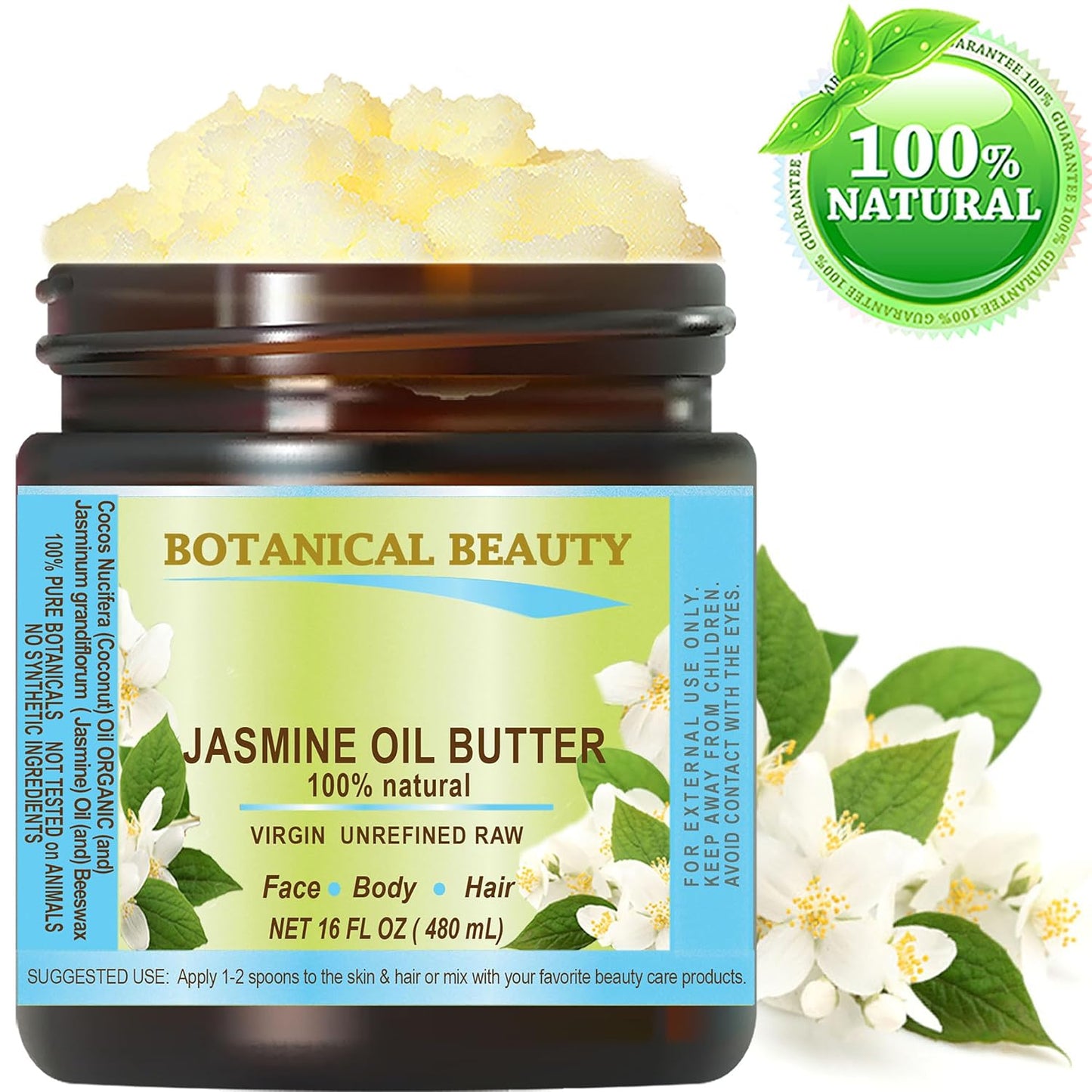Botanical Beauty JASMINE OIL BUTTER Pure Natural Virgin Unrefined RAW for FACE, SKIN, BODY, DAMAGED HAIR, NAILS. (16 Fl Oz)
