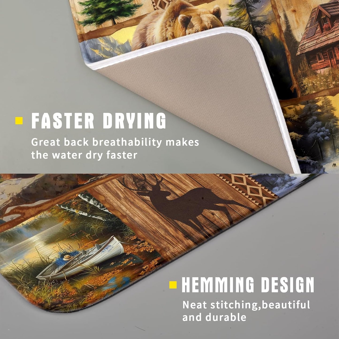 Bear Deer Fox Dish Drying Mat Rustic Cabin Lodge Dish Drainer Mats 16x18 Inch Absorbent Washable Dishes Rack Pad for Sink Kitchen Counter