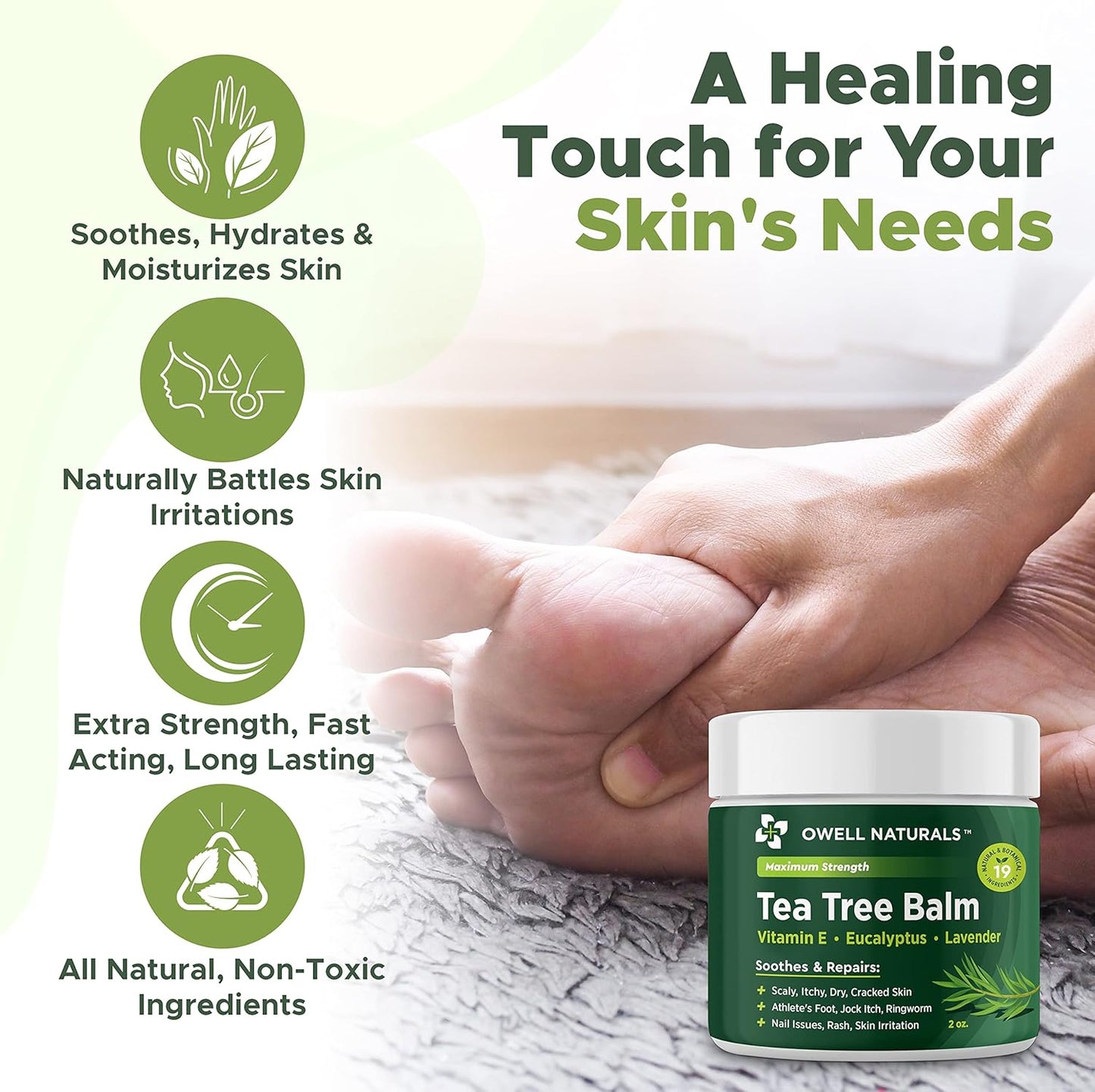 OWELL NATURALS Tea Tree Balm Oil with Vitamin E for Itchy, Dry, Flaky and Cracked Skin, Athletes Foot, Hands, Rashes, Bee Stings, Splinters, Poison Ivy, Insect Bites, Cuts and Burns, (1 Pack)