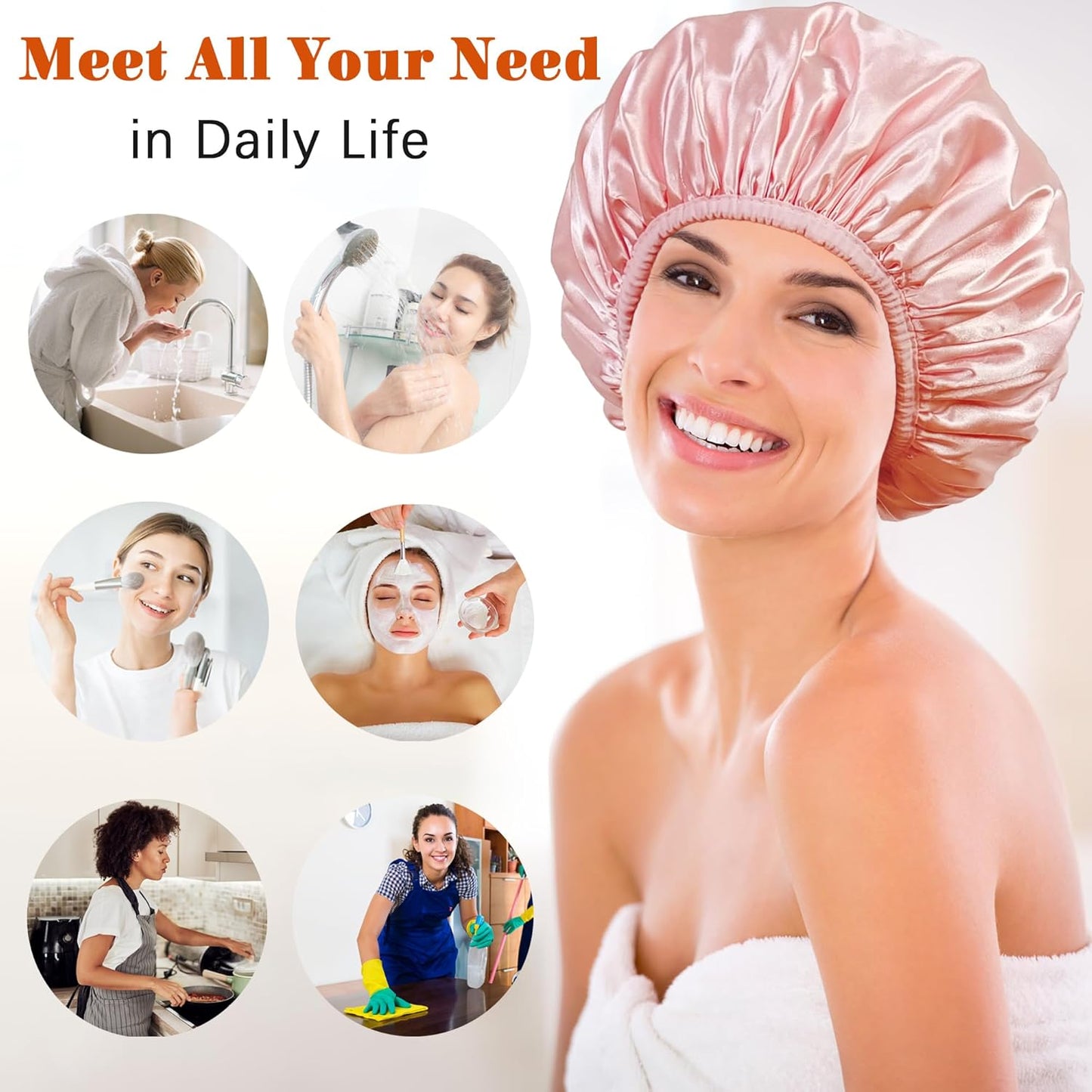 Shower Cap Reusable Waterproof, Terry Lined Shower Caps for Women, Triple Layer Hair Cap for Shower, Large Plastic Shower Cap for Braids Long Hair