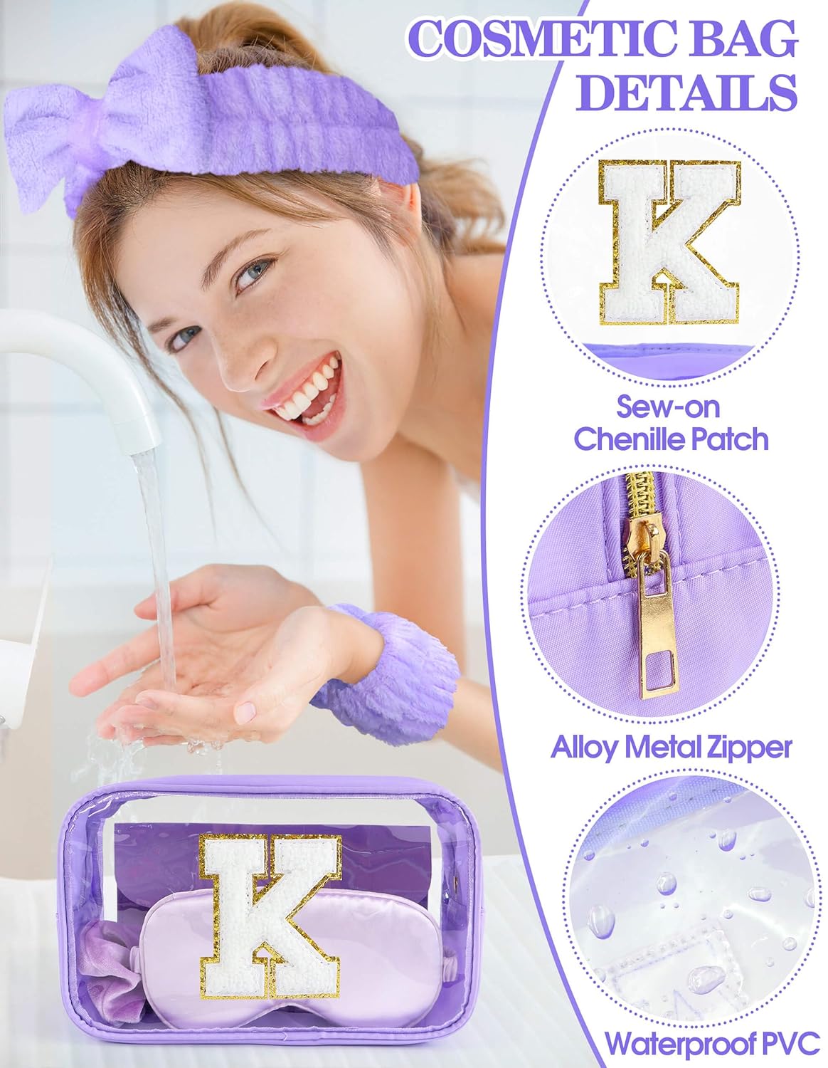 Gift Sets for Women, Initial Makeup Bag with Makeup Brush Set Bachelorette Party Favors, Purple Spa Kit with Skincare Headbands Wrist Bands Sleepover Party Supplies Gifts for Teen Girls Bridesmaid K