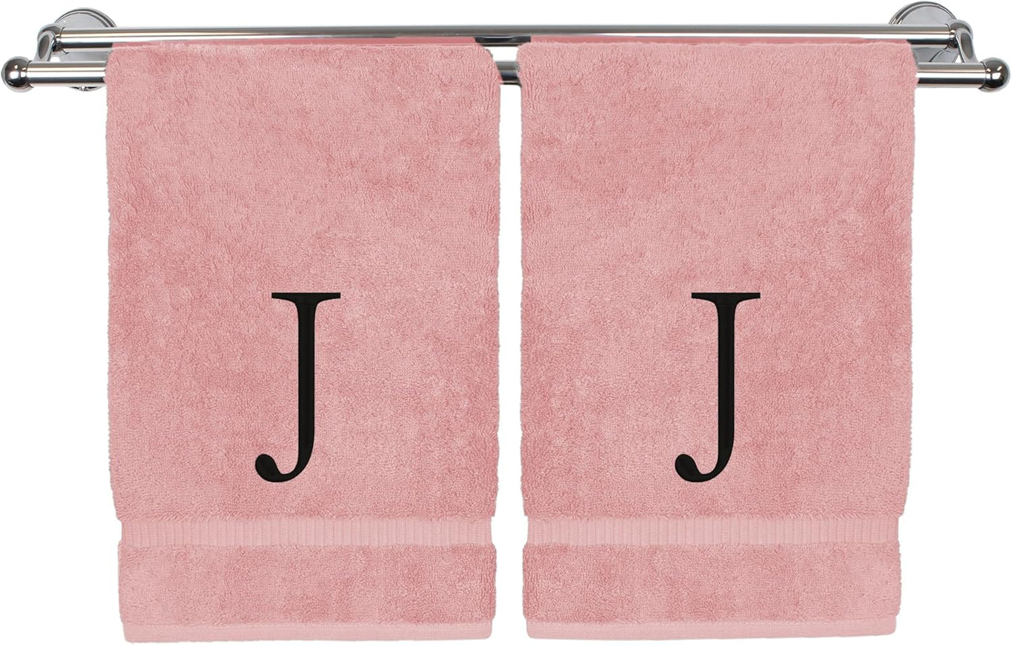 Monogrammed Hand Towel, Personalized Initial Gift, Extra Absorbent 100% Turkish Cotton - Soft Terry Finish - Set of 2 - Black Block Initial J - Embroidered on Pink Towels