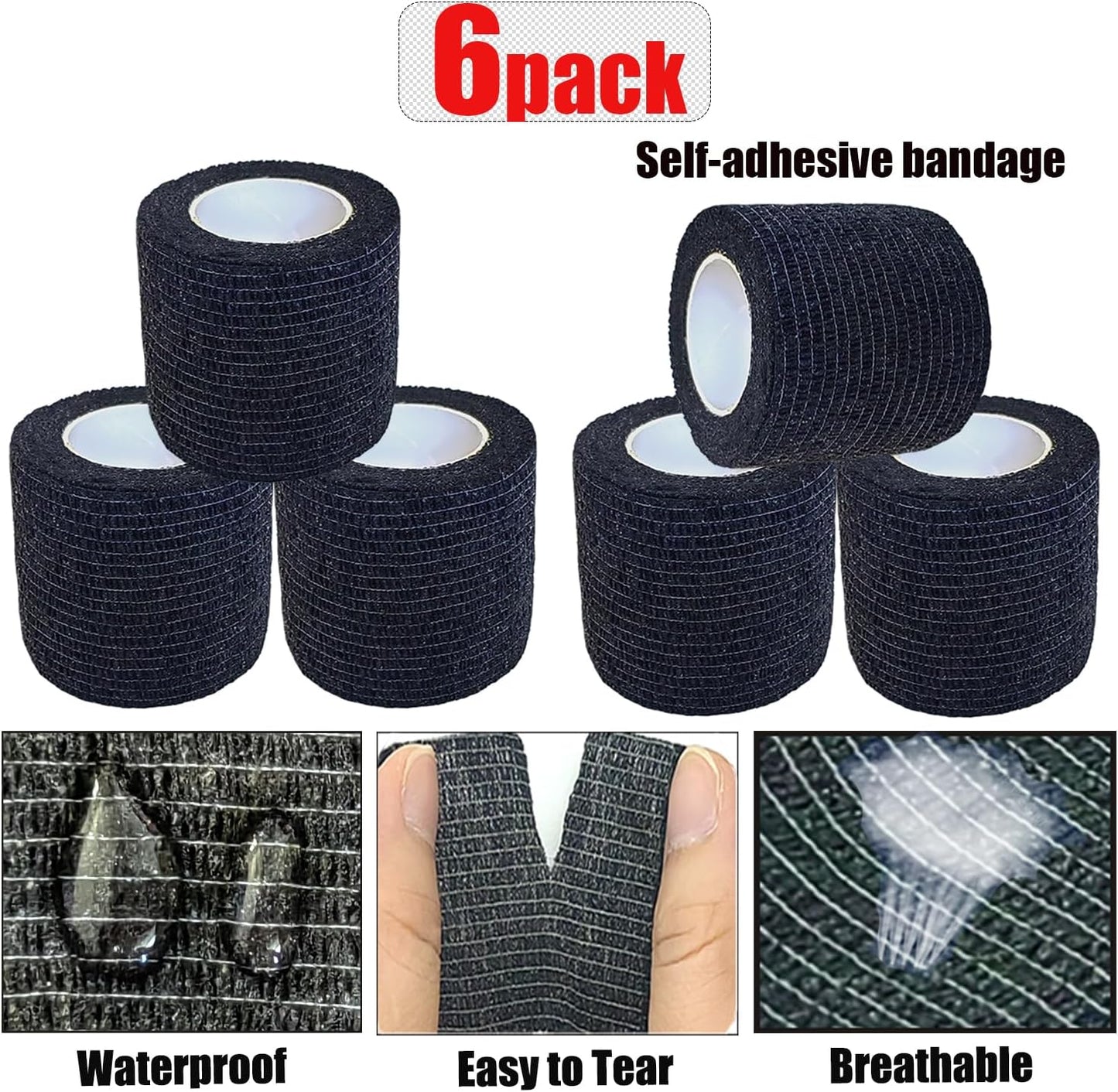 Hysiwen 6 Pack 2" x 5 Yards Self Adhesive Bandage Breathable Cohesive Wrap Self Adherent Vet Tape Self Stick Bandage Wrap for Sports, Athletic, Wrist, Ankle(Black)