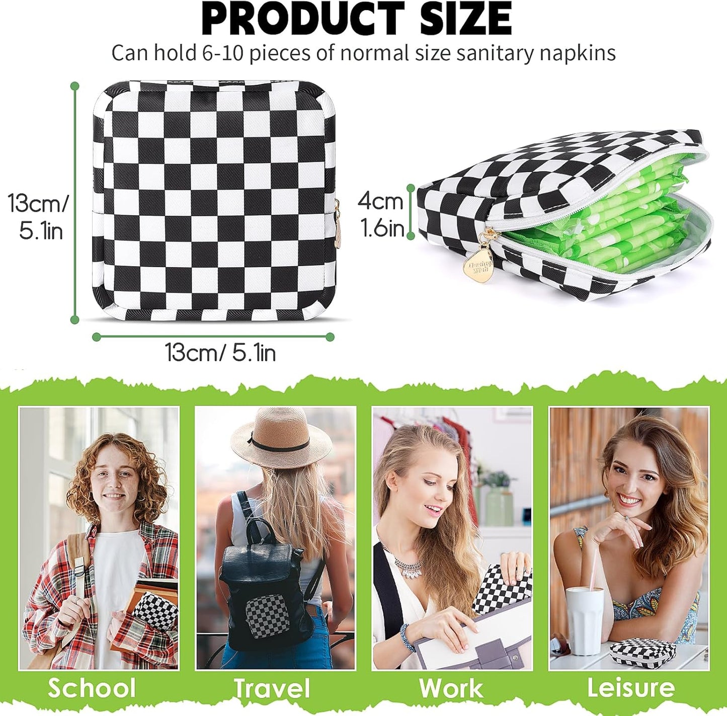 Desing Wish Sanitary Pad Storage Bag Portable Period Bag for Teen Pads/Sanitary Napkins/Small Tampons, Sanitary Napkin Storage Bag First Period Gifts for Teen Girls (Black-white Check)