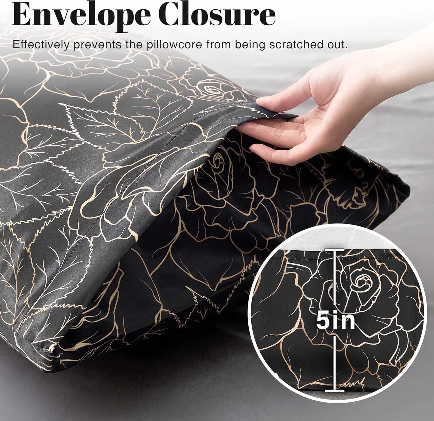 EXQ Home Satin Pillowcase for Hair and Skin- Rose on Black Silk Pillowcase 2 Pack 20x26 inches - Standard Size Pillow Cases with Envelope Closure, Gifts for Women