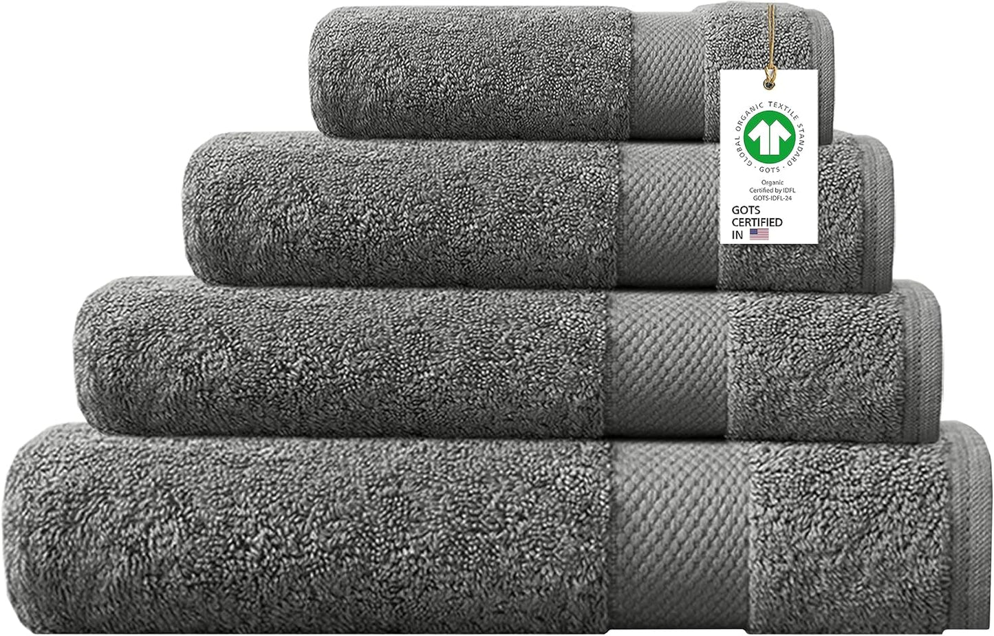 Delara 100% Organic Cotton Towels 650 GSM Plush Feather Touch Quick Dry Towel, 4-Piece Towel Set GOTS Certified, Oeko-Tex Green Certified, 1 Bath Towel, 1 Bath Sheet, 1 Hand Towel & 1 Wash Cloth