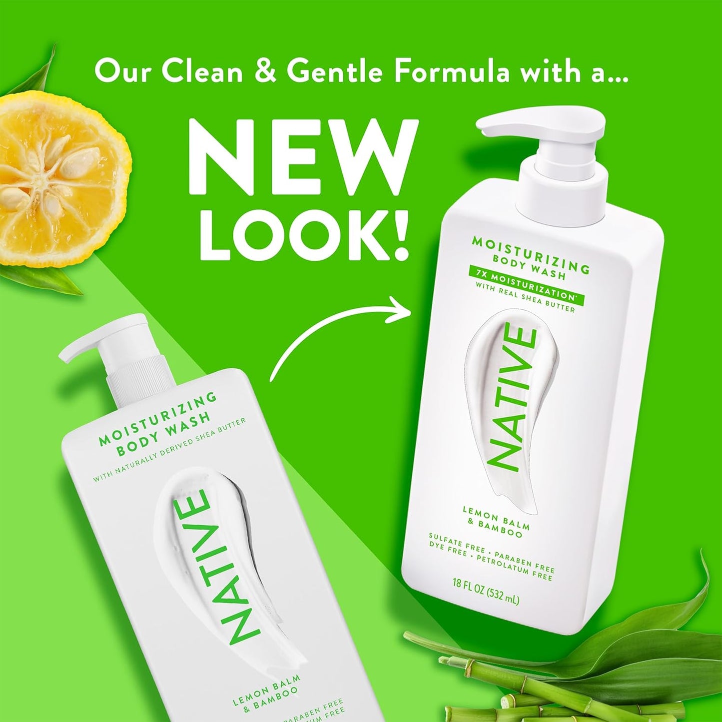 Native Moisturizing Body Wash Contains Naturally Derived Ingredients | For Women & Men, Sulfate, Paraben, & Dye Free Leaving Skin Soft and Hydrated | Lemon Balm & Bamboo 18 oz