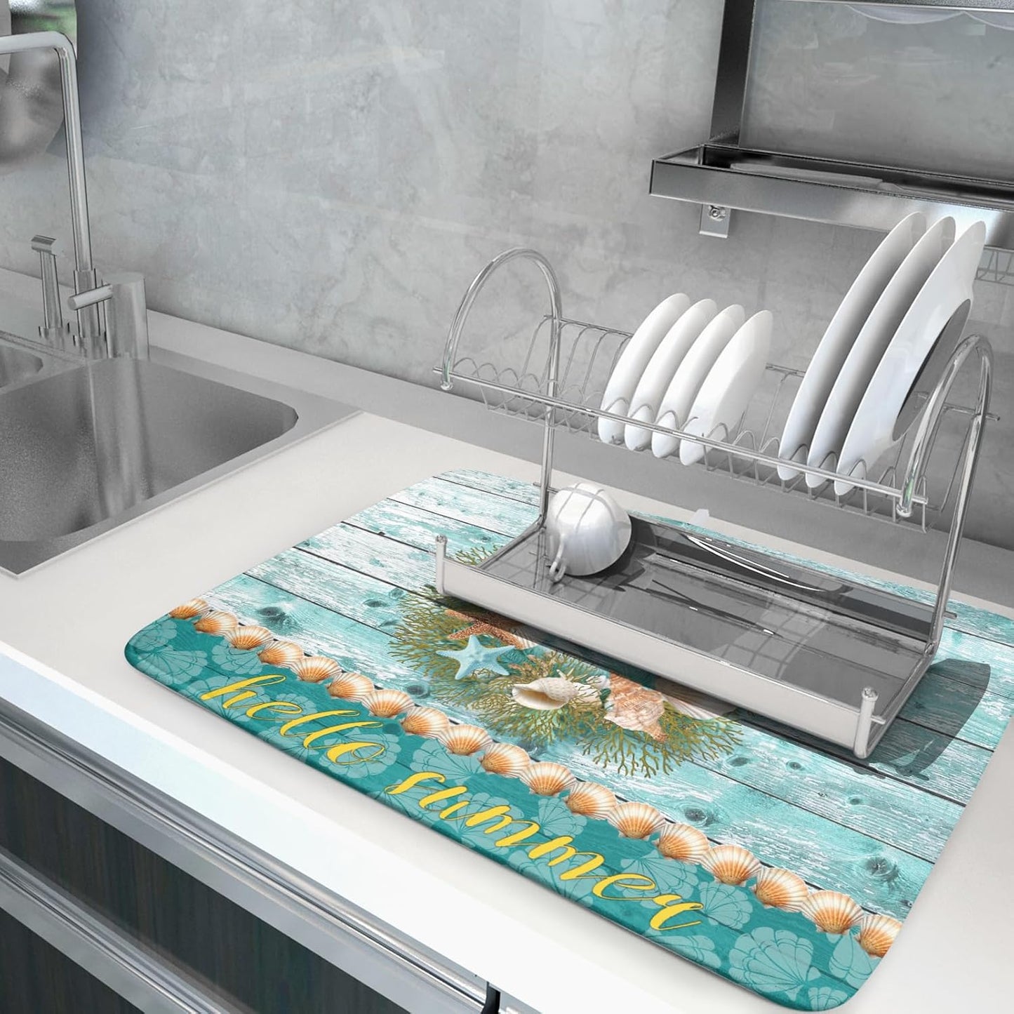 Coastal Wreath Dish Drying Mat 18x24 inch Starfish Shell Absorbent Microfiber Dish Rack Mats Drainer Pad Kitchen Countertop Accessories