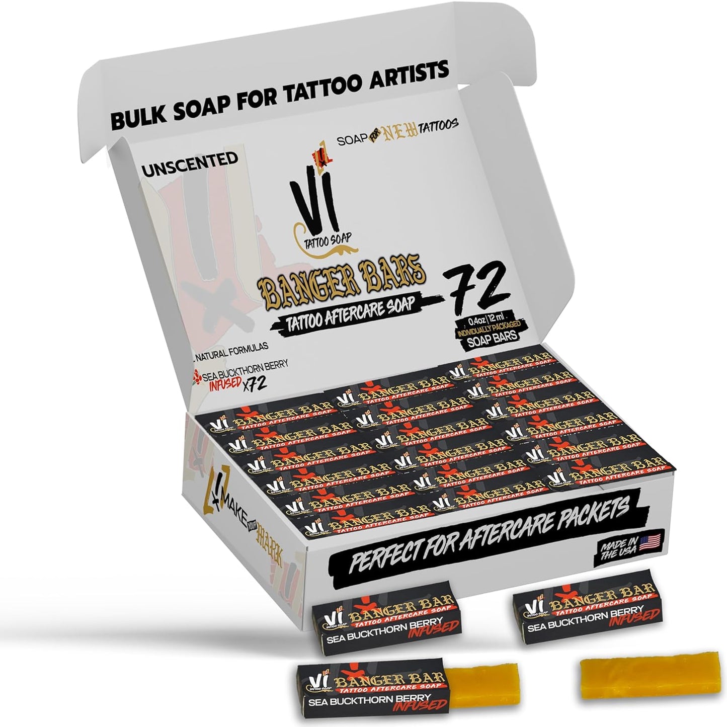 Banger Bars Tattoo Aftercare Bulk Soap – 72 Count | Sea Buckthorn Berry, Individually Packaged 0.4oz Bars for Artists, Studios & Shops | Unscented Gentle Cleansing Formula, Wholesale Supplies