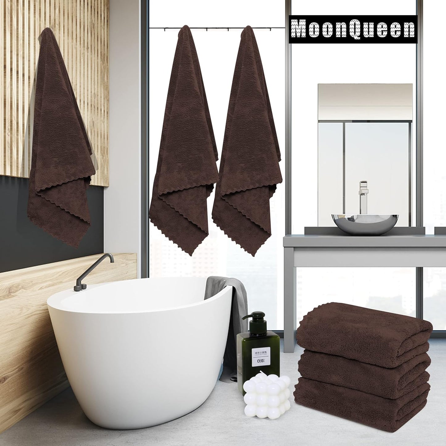 MOONQUEEN 6 Pack Premium Bath Towel Set - Quick Drying - Microfiber Coral Velvet Highly Absorbent Towels - Multipurpose Use as Bath Fitness, Bathroom, Shower, Sports, Yoga Towel (Wood Brown)