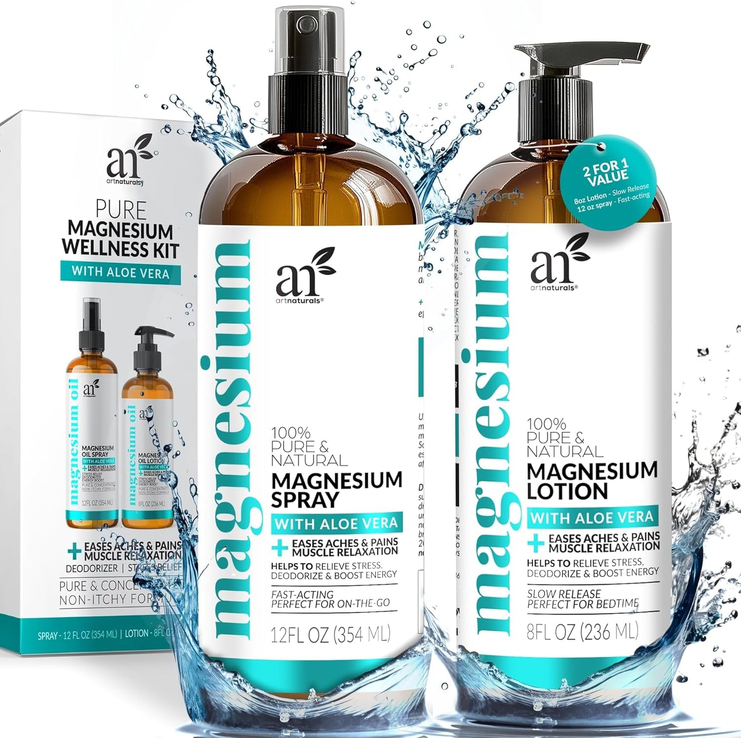 ArtNaturals Magnesium Oil Spray 12 oz + Body Massage Lotion Set 8oz for Feet & Sleep - Extra Strength Cream Ultra-Pure, Relief & Relaxation, Muscle Health Leg & Joint Care Topical Non Itch